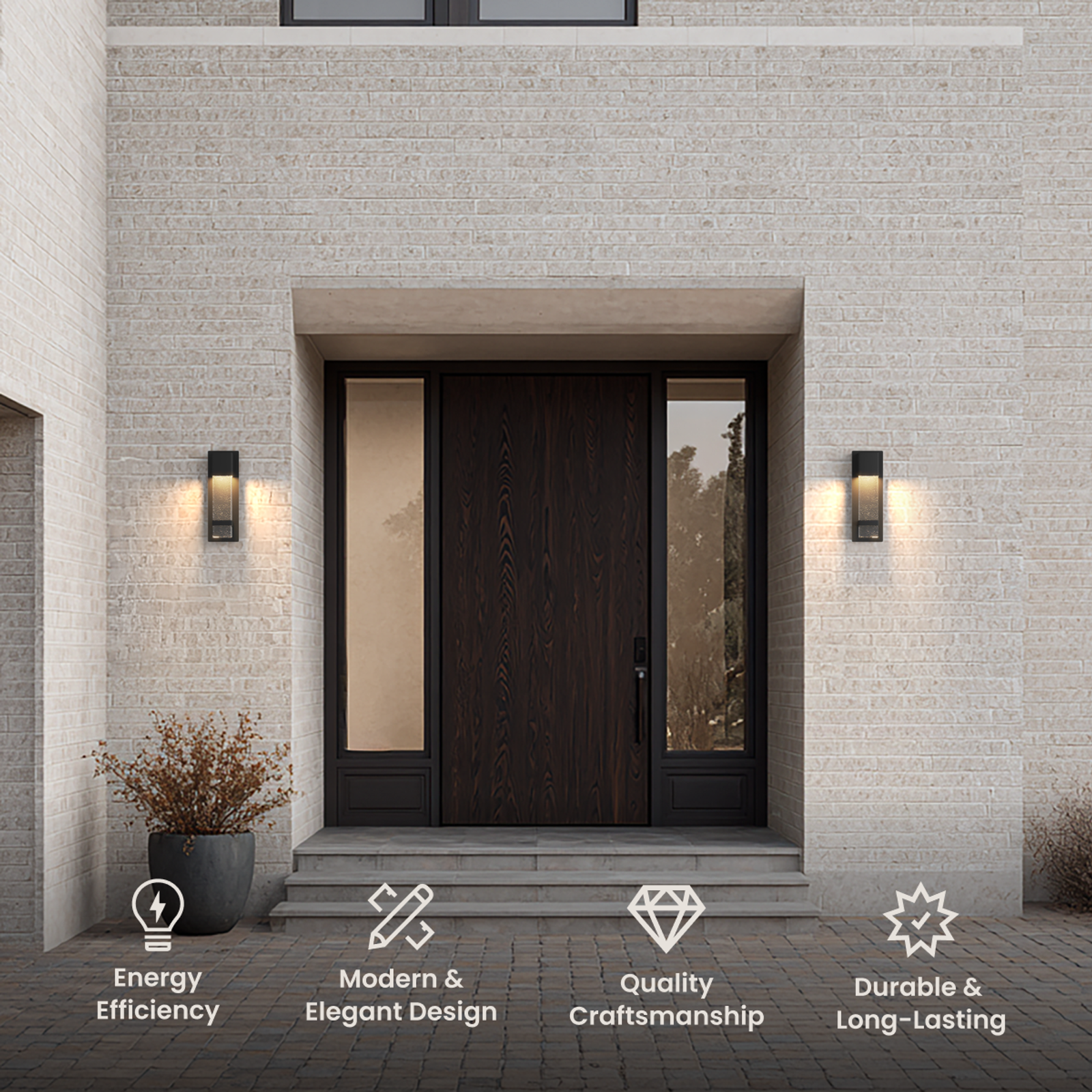 Nova outdoor sconces, tall black columns with bubble-detailed glass flanking a dark wood door