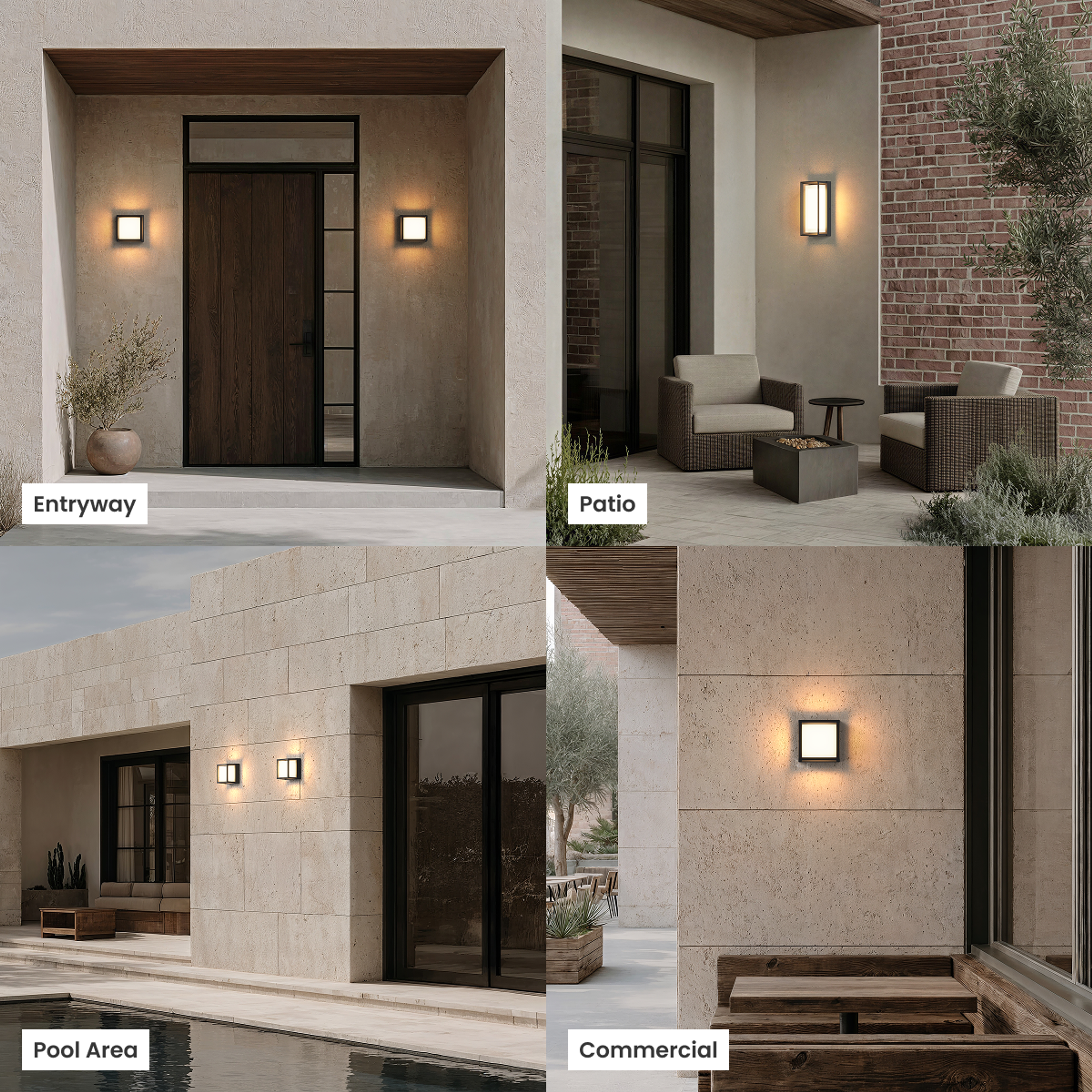 Solen matte-black square outdoor sconce, frosted-glow panel glowing on a brick wall beside a five-star review card
