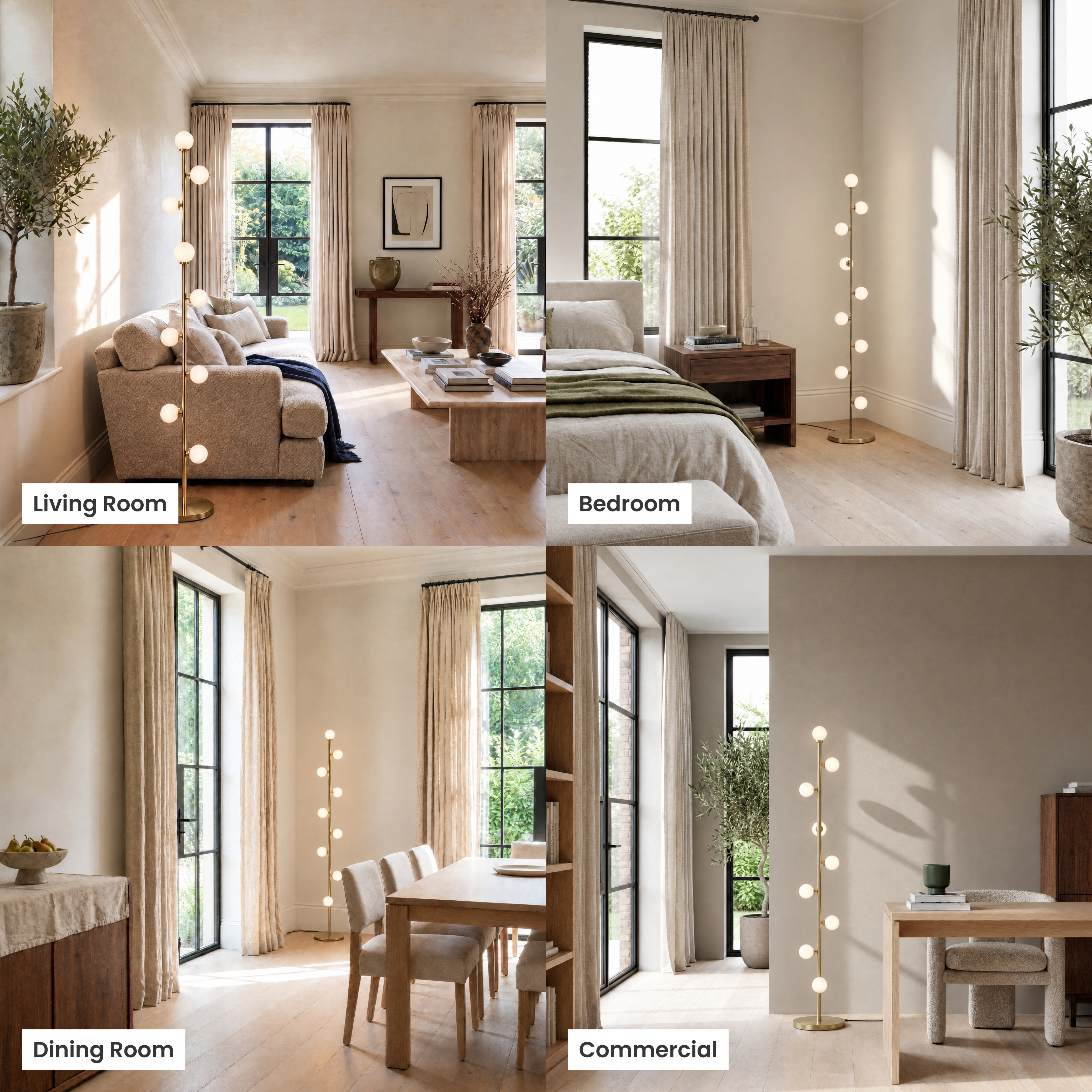 Pearl floor lamp, slim gold stem strung with white glass globes beside a sofa, bed and desk