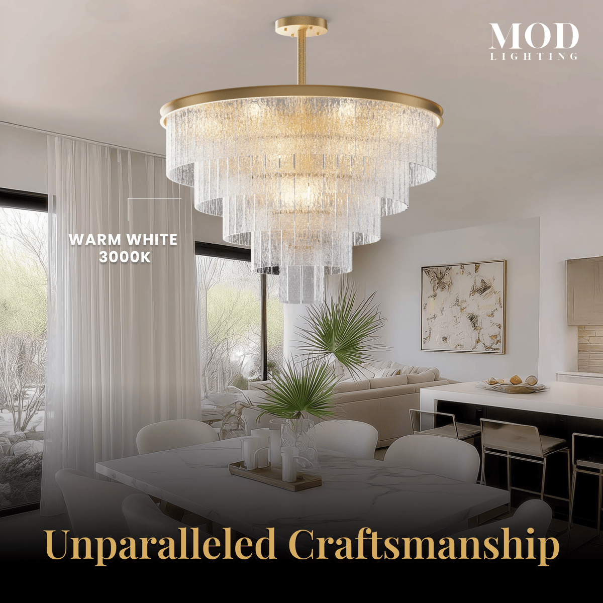 Cascade brass chandelier with tiered textured-glass fringe over a dining table, warm-white glow
