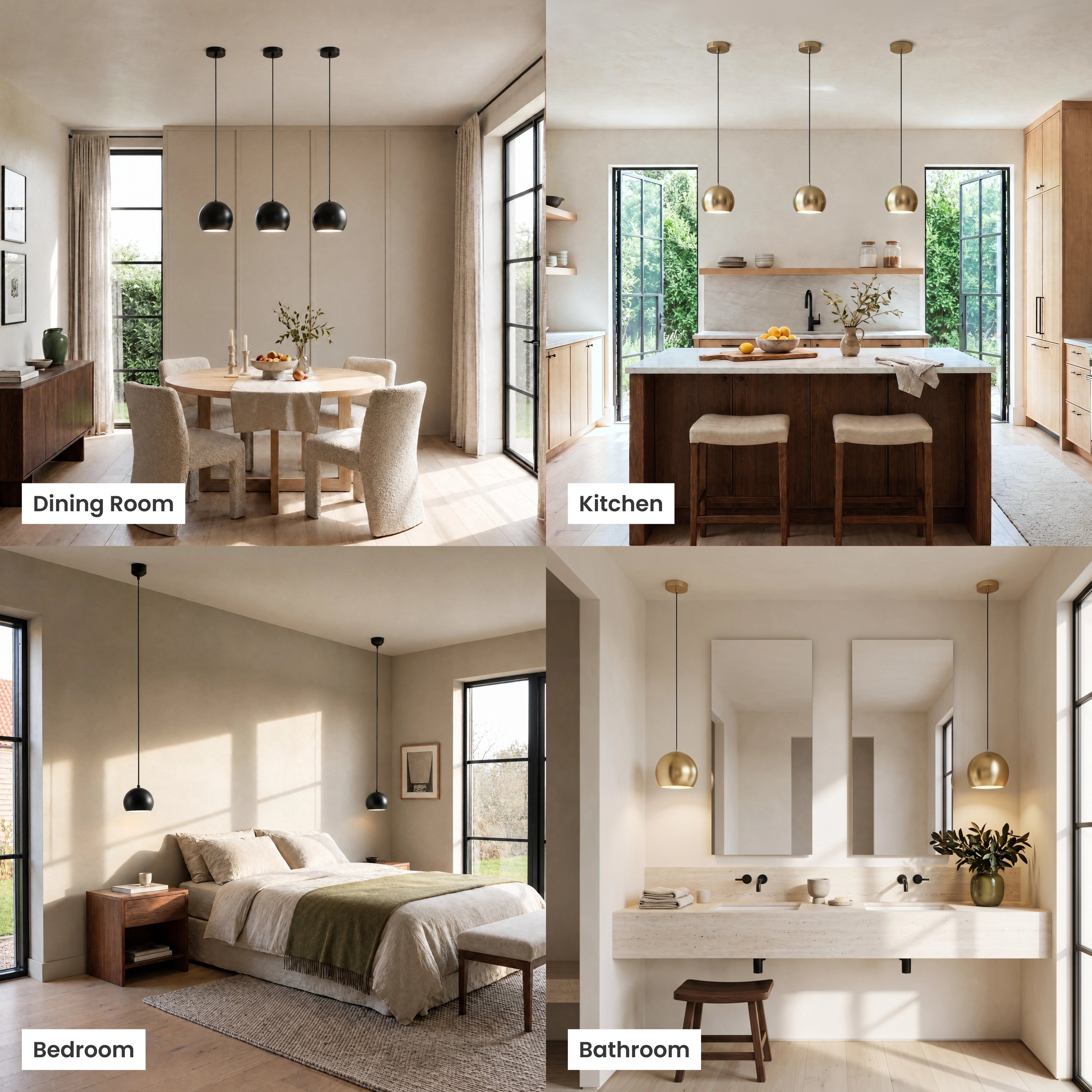 Avery black and gold sphere pendants shown in living room, kitchen, bedroom and commercial settings
