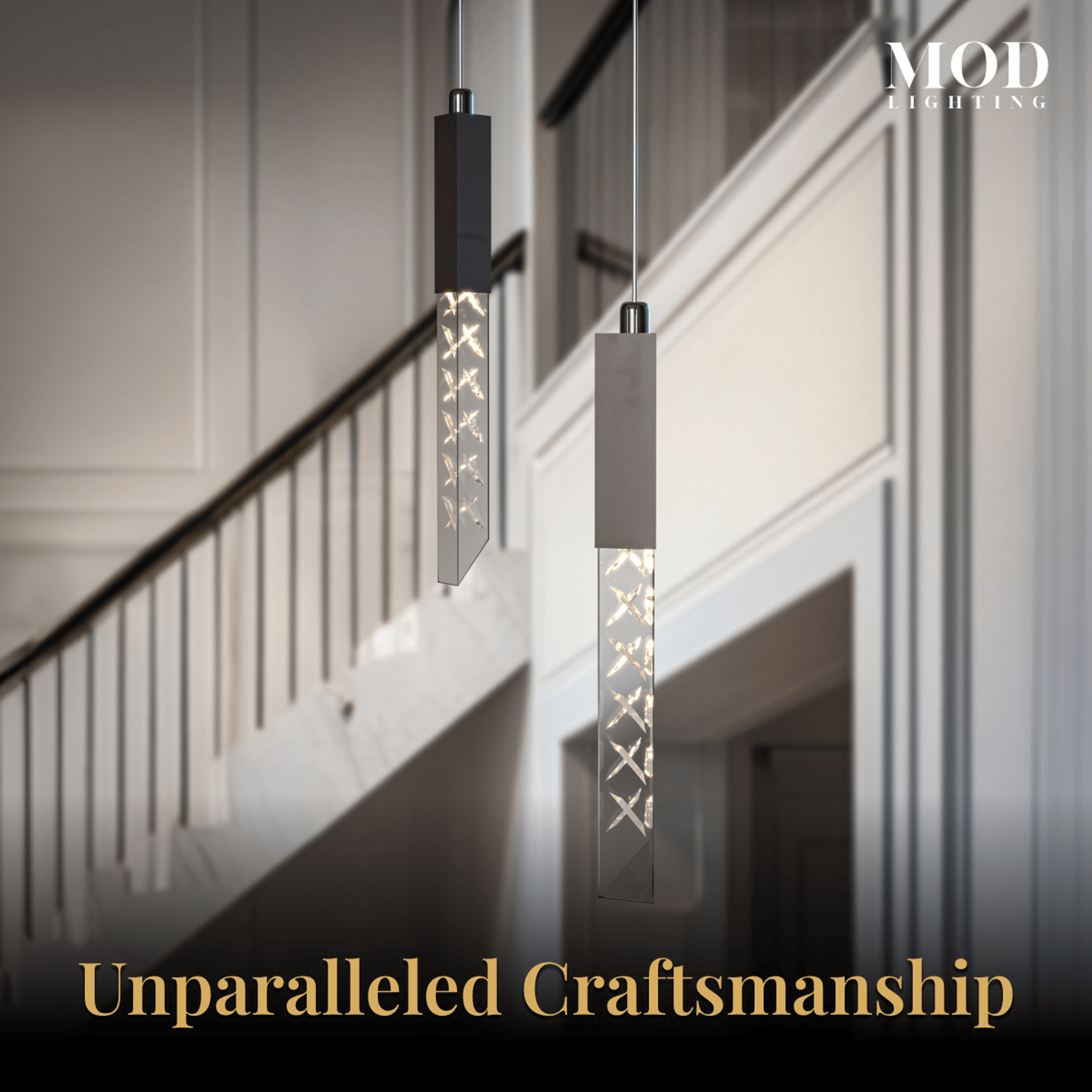 Cosmo black crystal-textured light bars hanging in a bright staircase, close view of the faceted rods