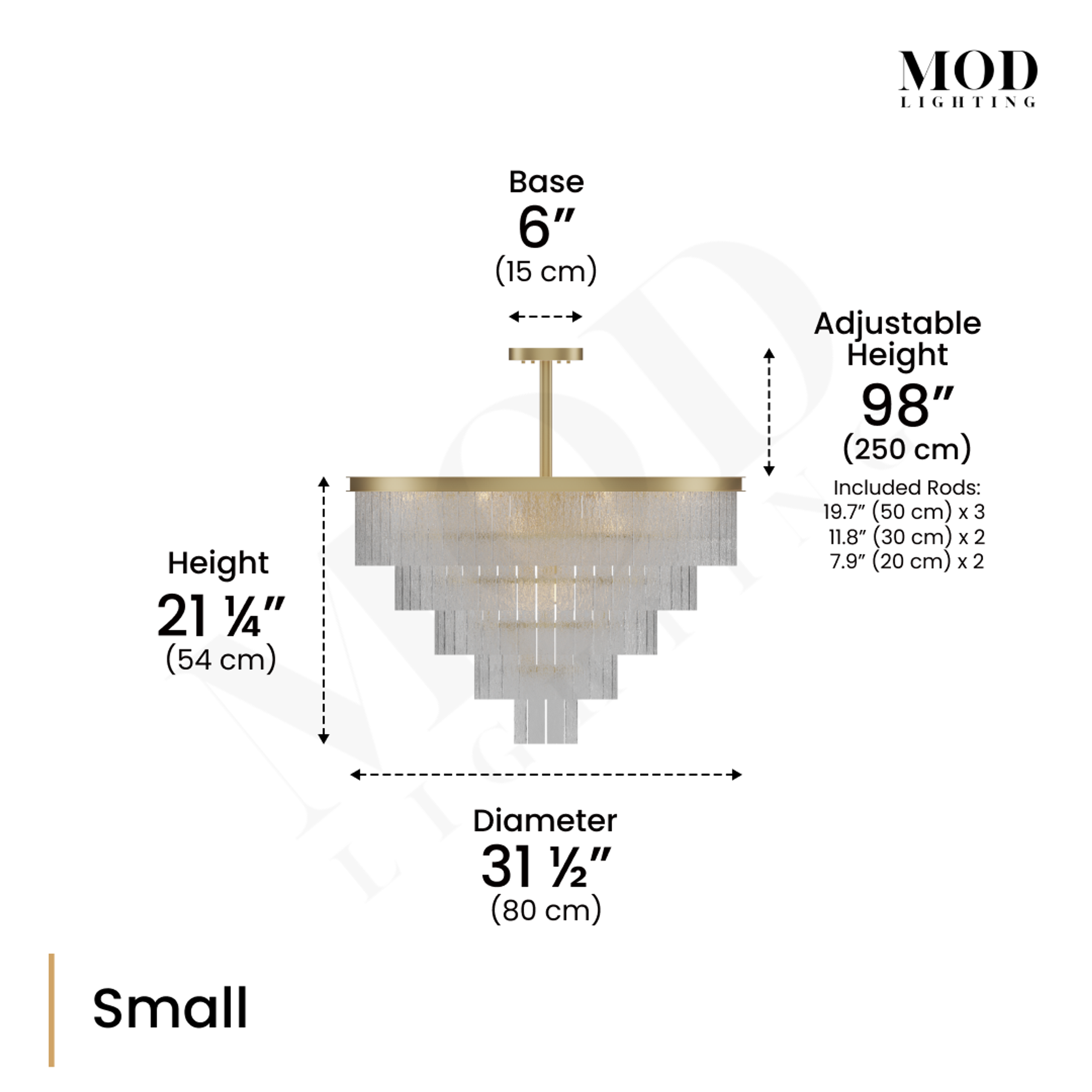 Cascade brass chandelier dimension diagram, tiered fringe cascade, Small size specs