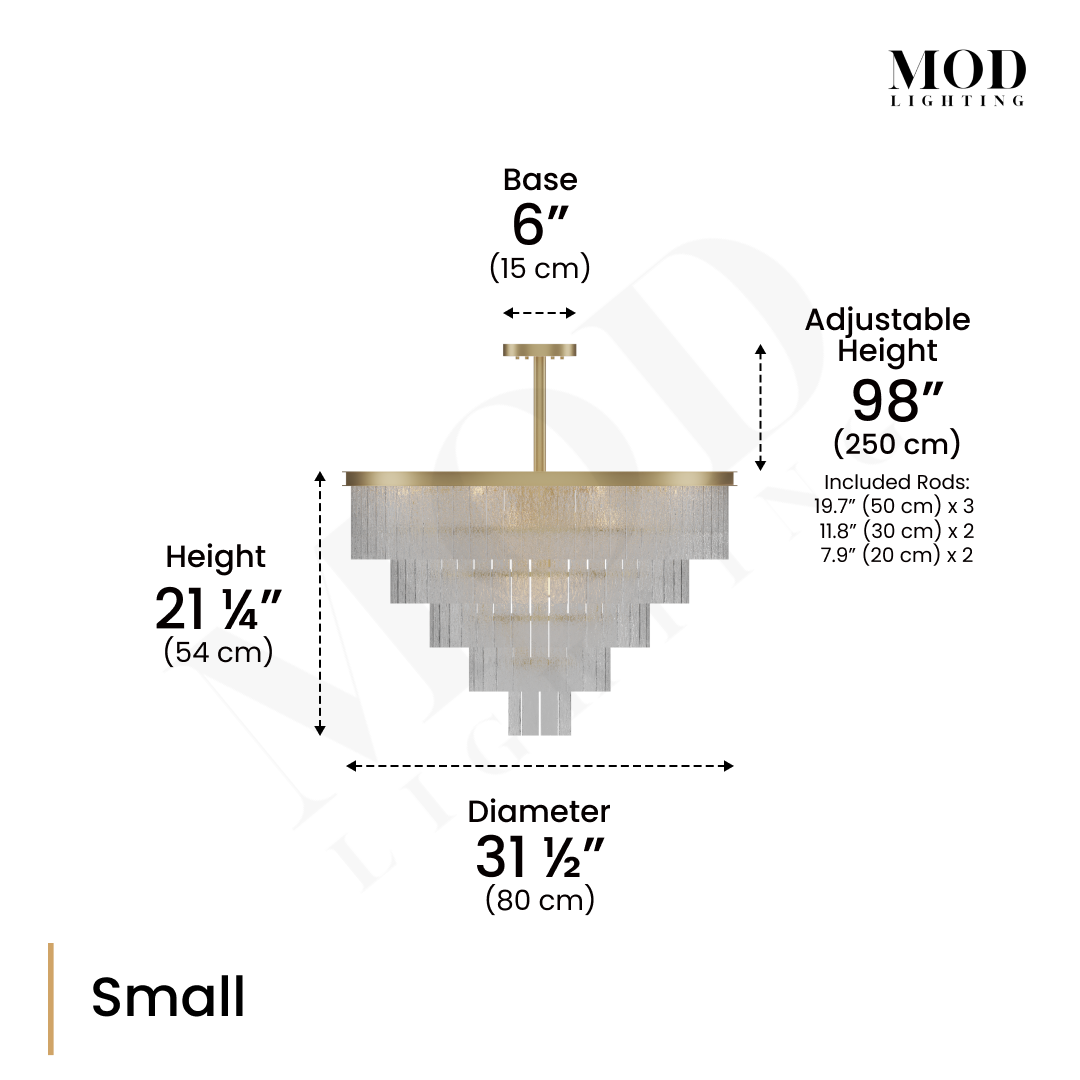 Cascade brass chandelier dimension diagram, tiered fringe cascade, Small size specs