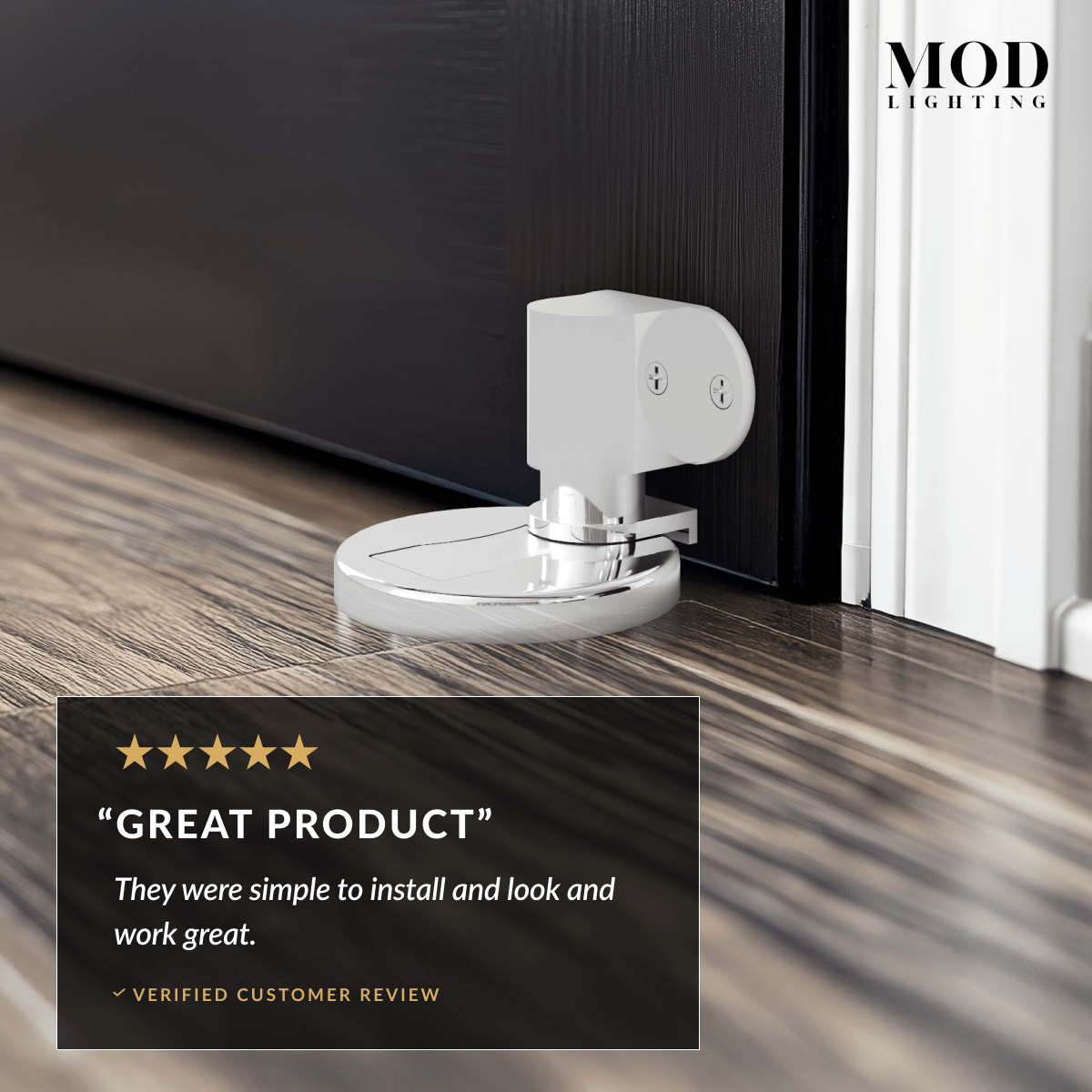 Moro polished chrome floor door stop holding a door, with five-star customer review