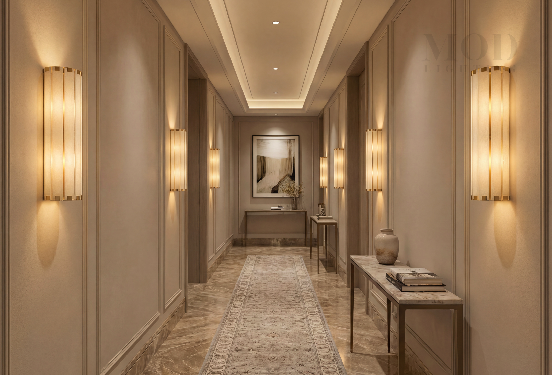 wall sconces flanking a console table and mirror in an entryway