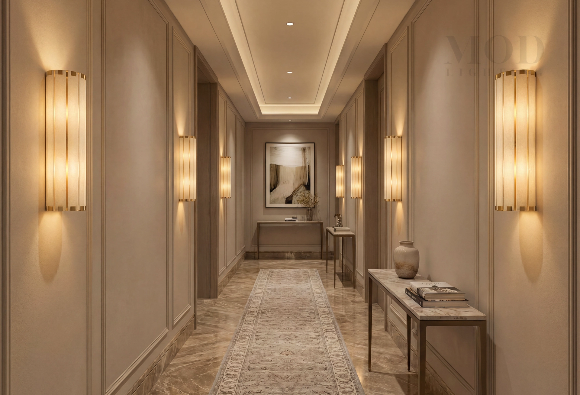 wall sconces flanking a console table and mirror in an entryway