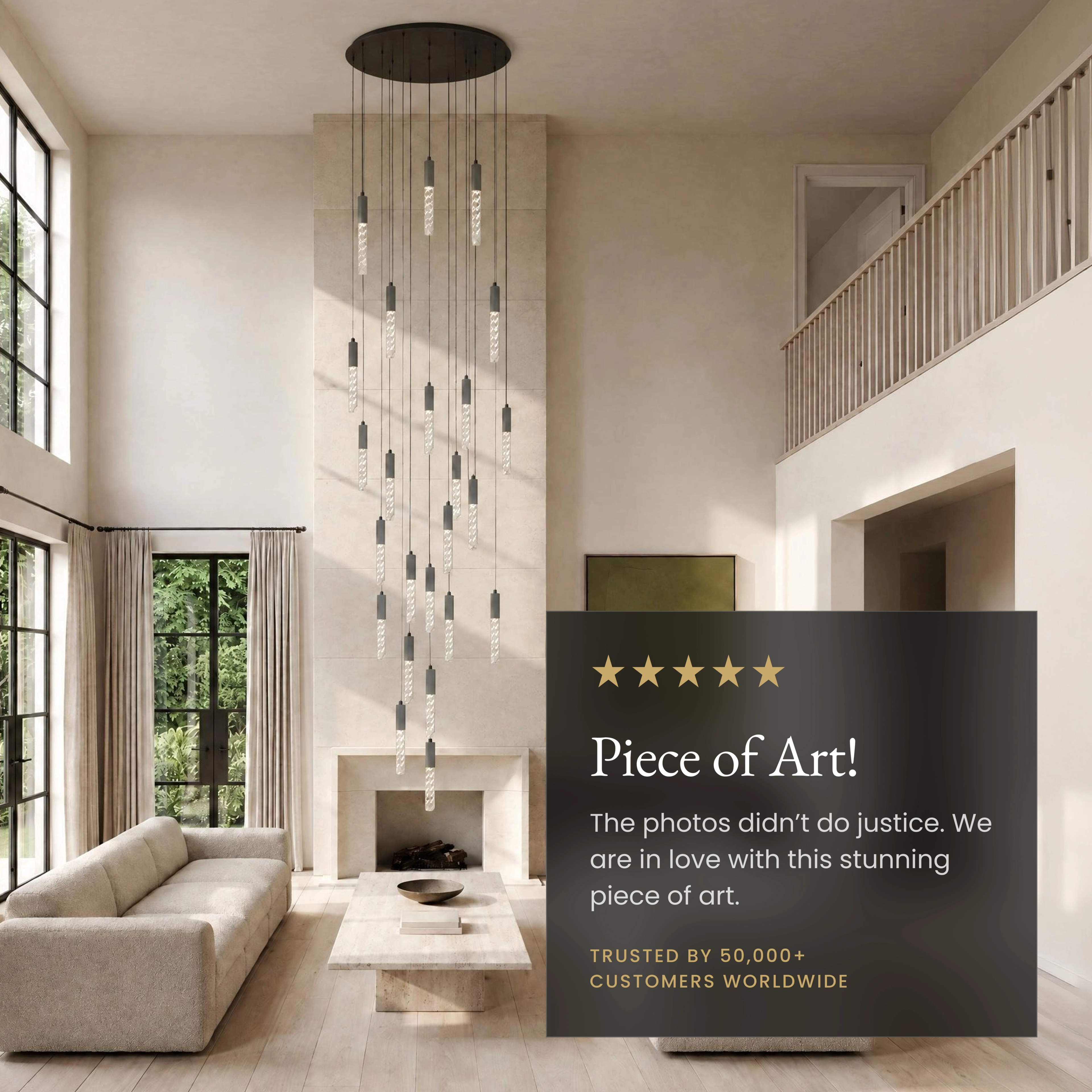 Cosmo black cascading pendant chandelier, thin crystal-tipped rods spiraling over a modern living room sofa