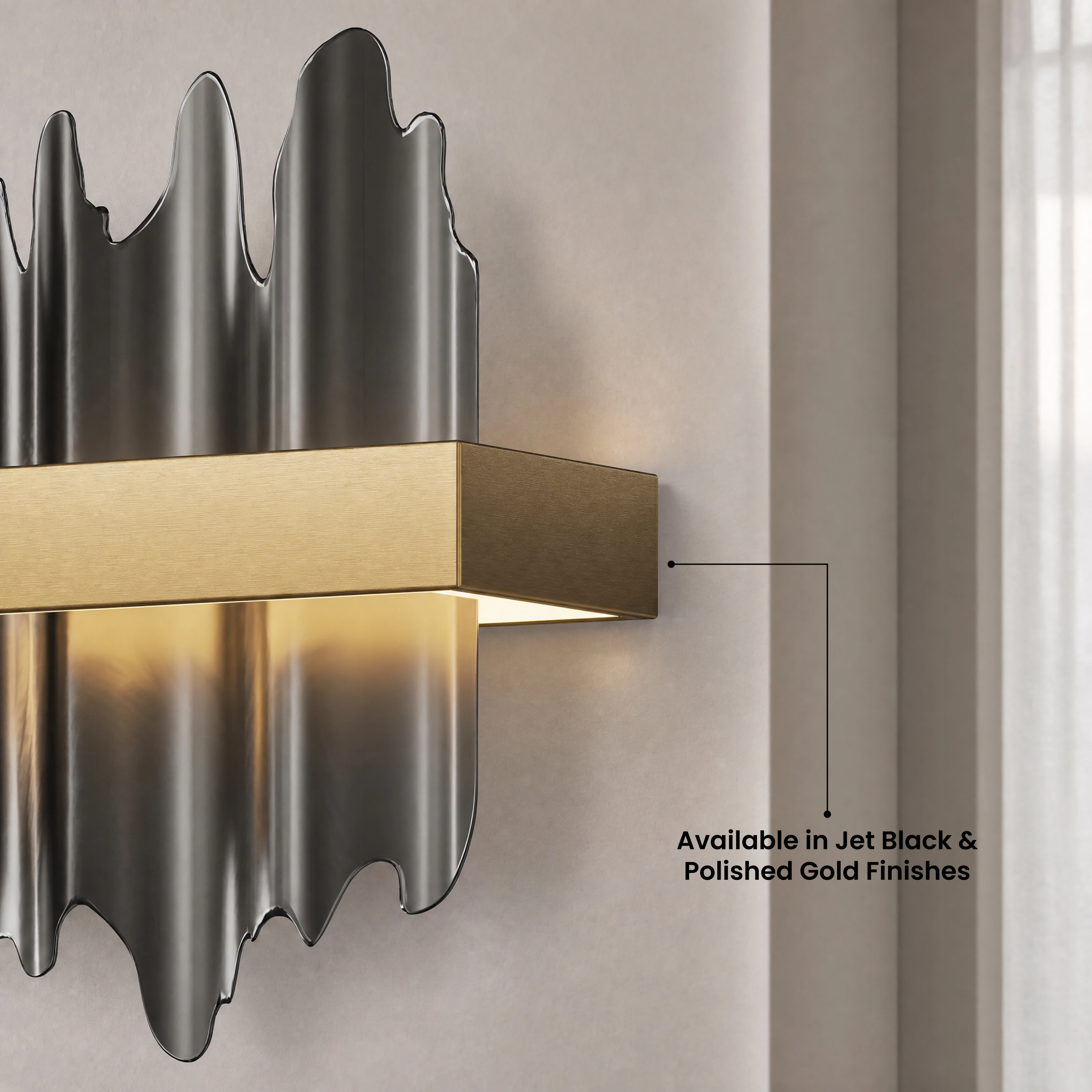 Close-up of the Aurelius Sconce Smart gold bar and black steel spikes, in jet black or polished gold
