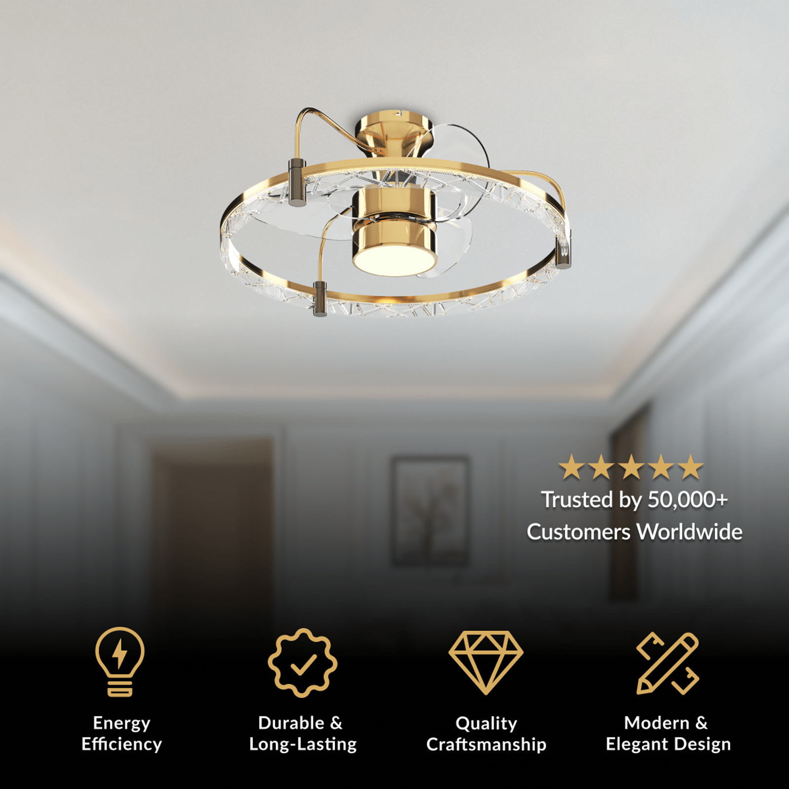 Velora ceiling fan light, circular crystal-lined gold frame with retractable blades and central LED