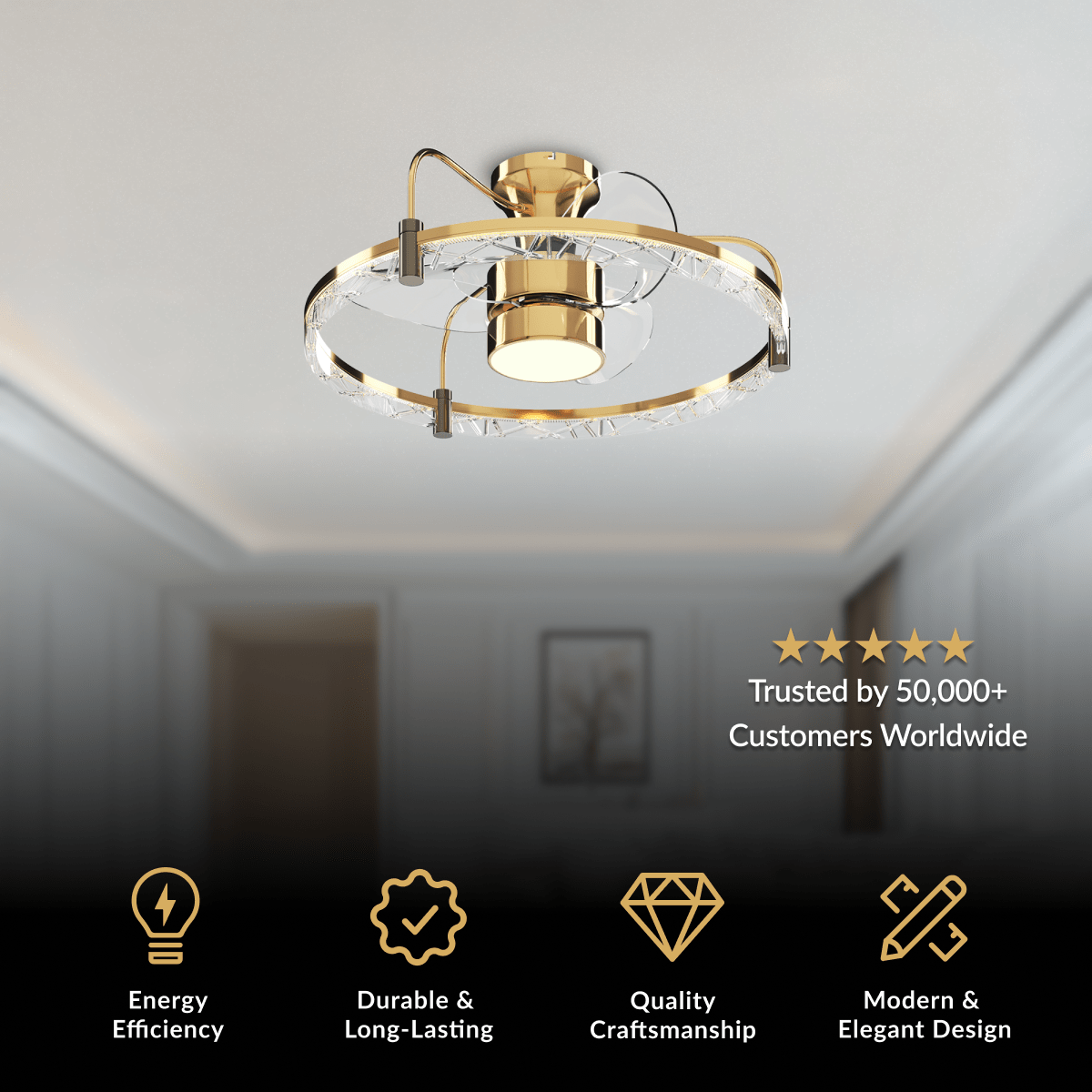 Velora ceiling fan light, circular crystal-lined gold frame with retractable blades and central LED