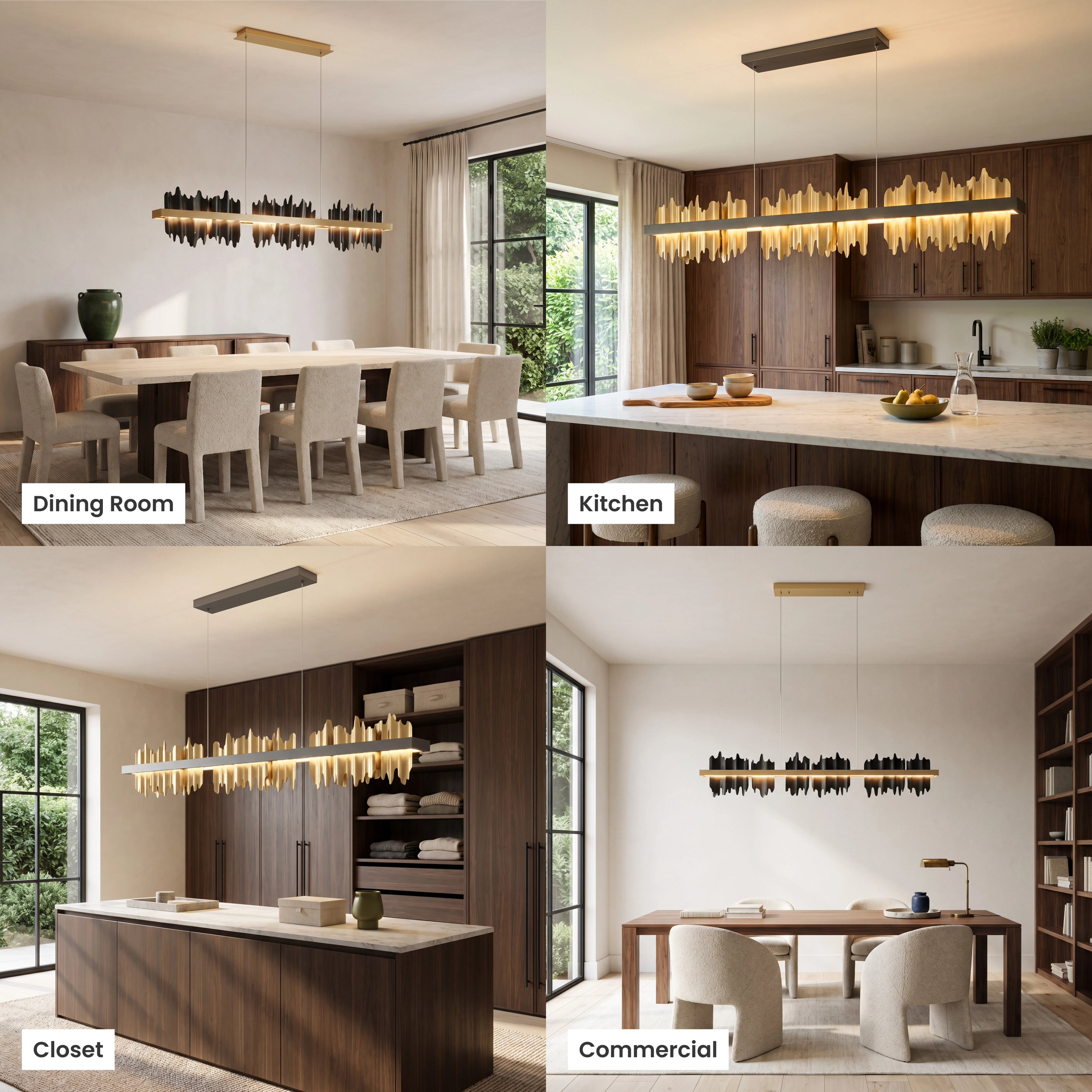 Aurelius Pendant Smart shown in dining room, kitchen, closet and commercial settings