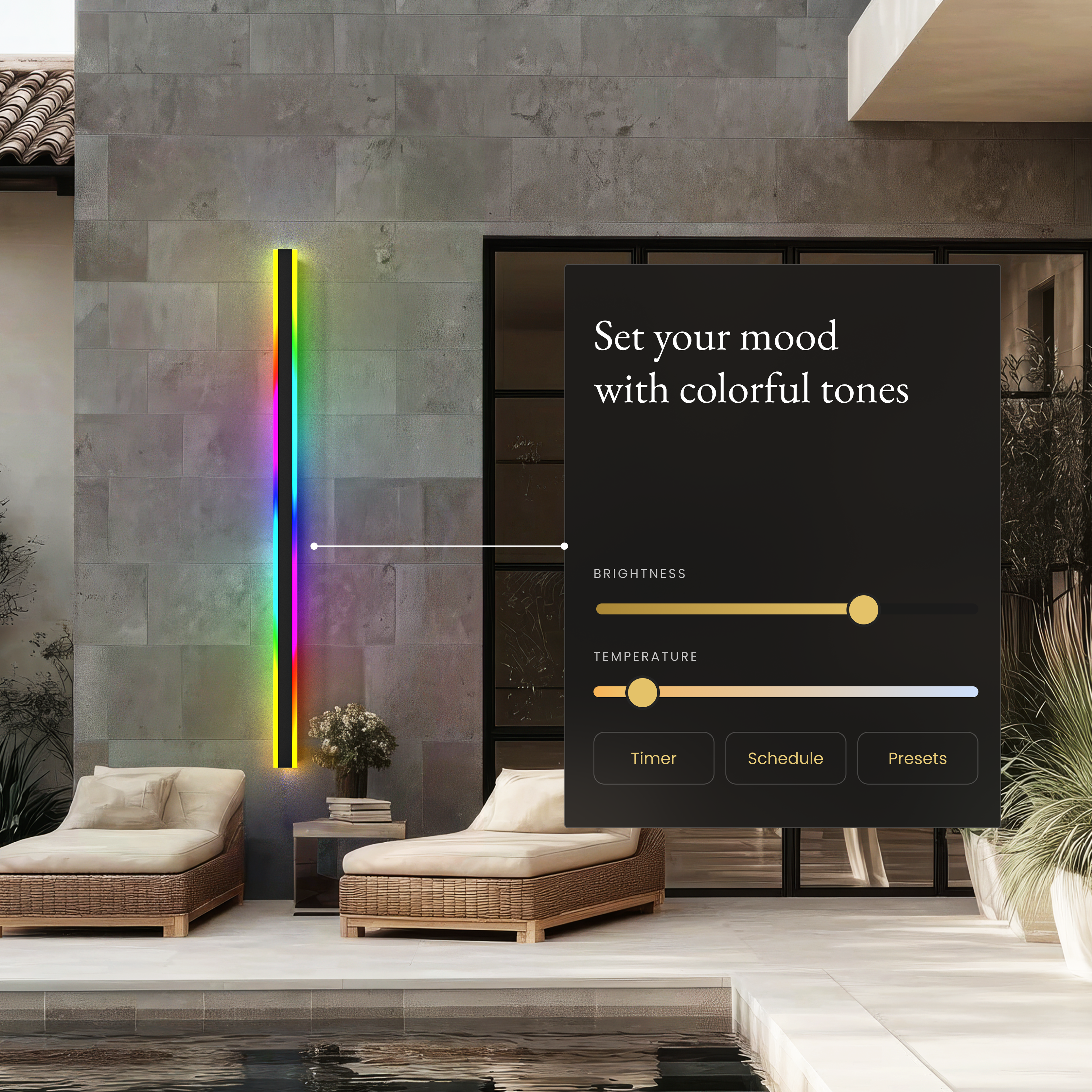Haylen RGB smart LED bar wall light beside a colour picker panel set to 90 percent brightness