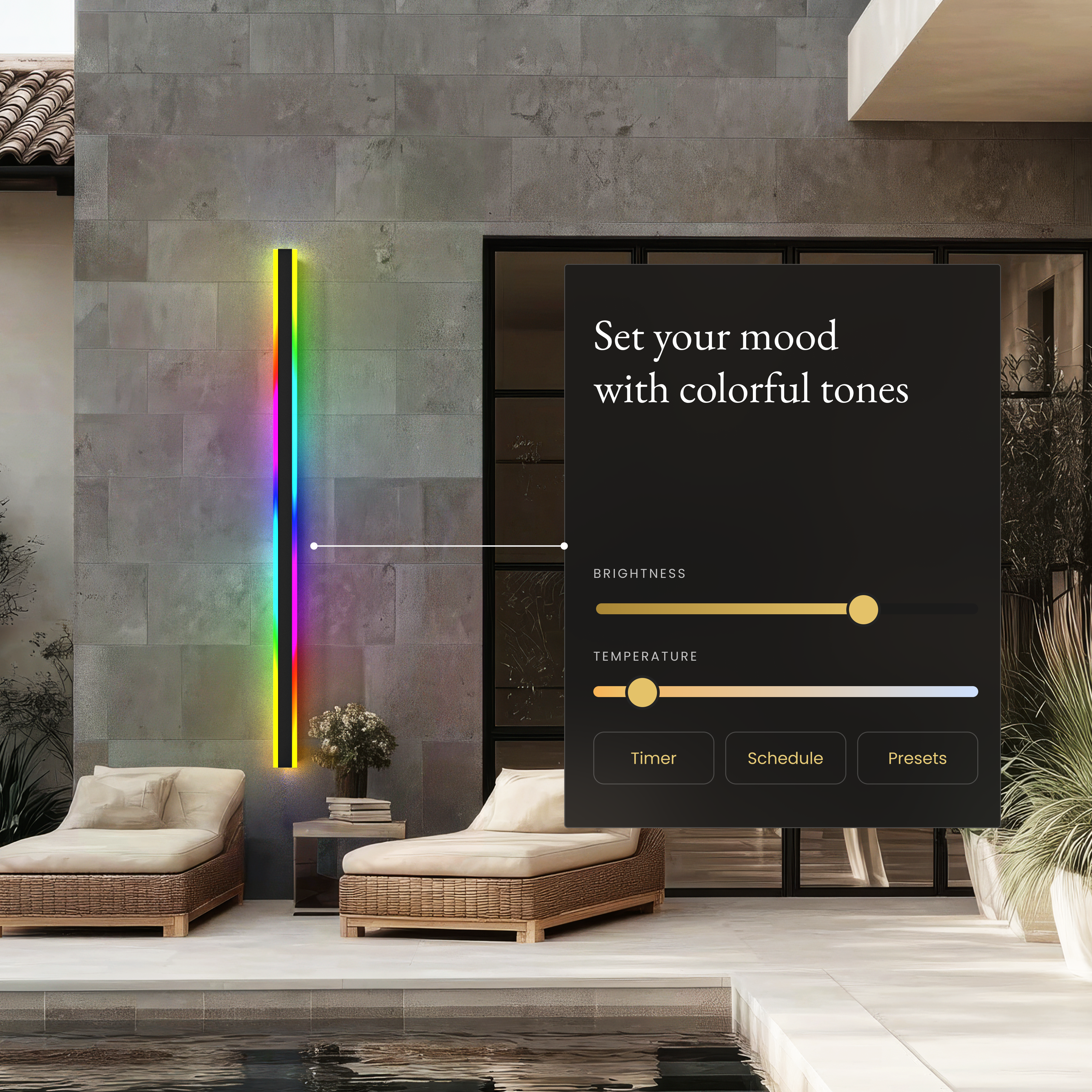 Haylen RGB smart LED bar wall light beside a colour picker panel set to 90 percent brightness