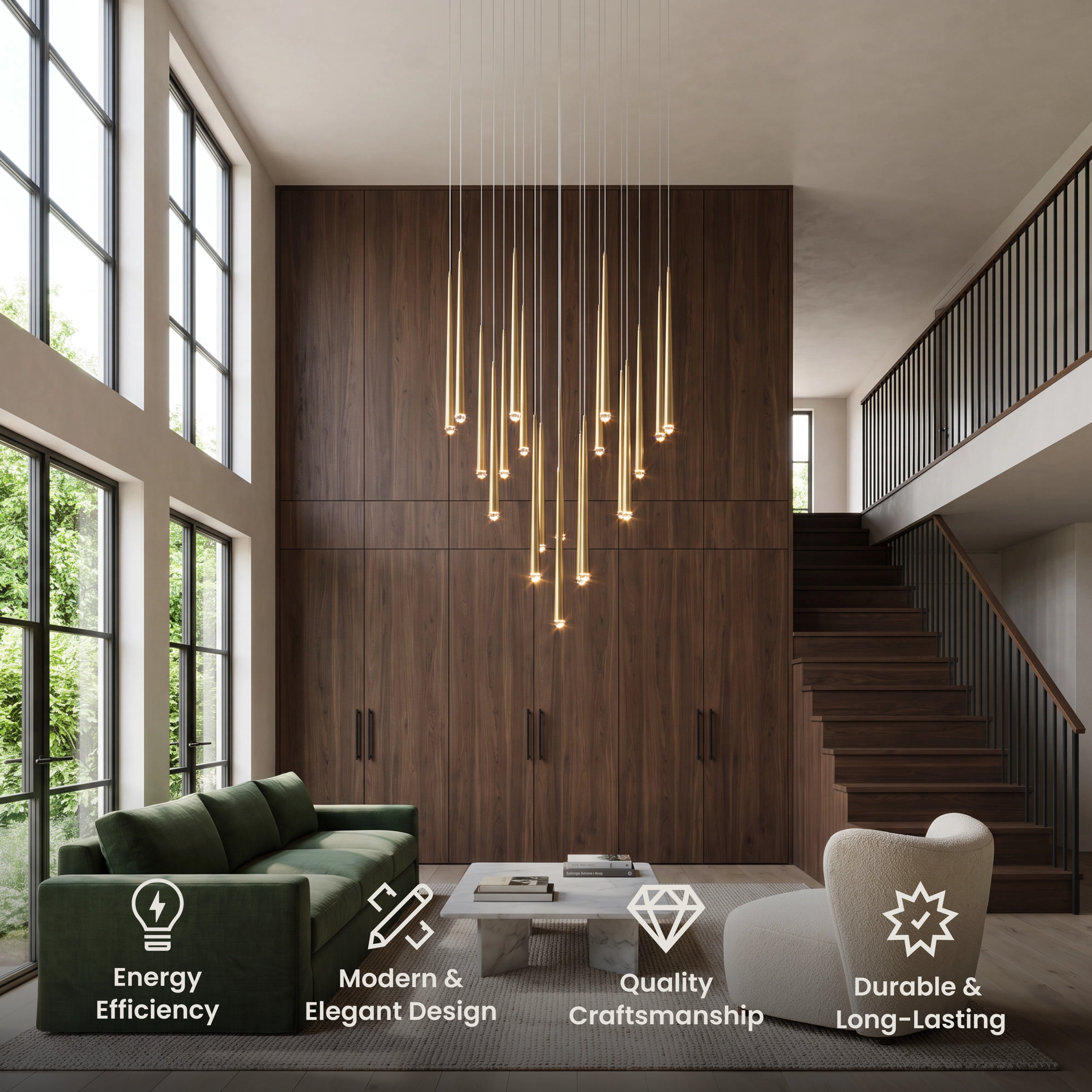 Jasper spiral cluster of crystal teardrop pendants beside a staircase and window