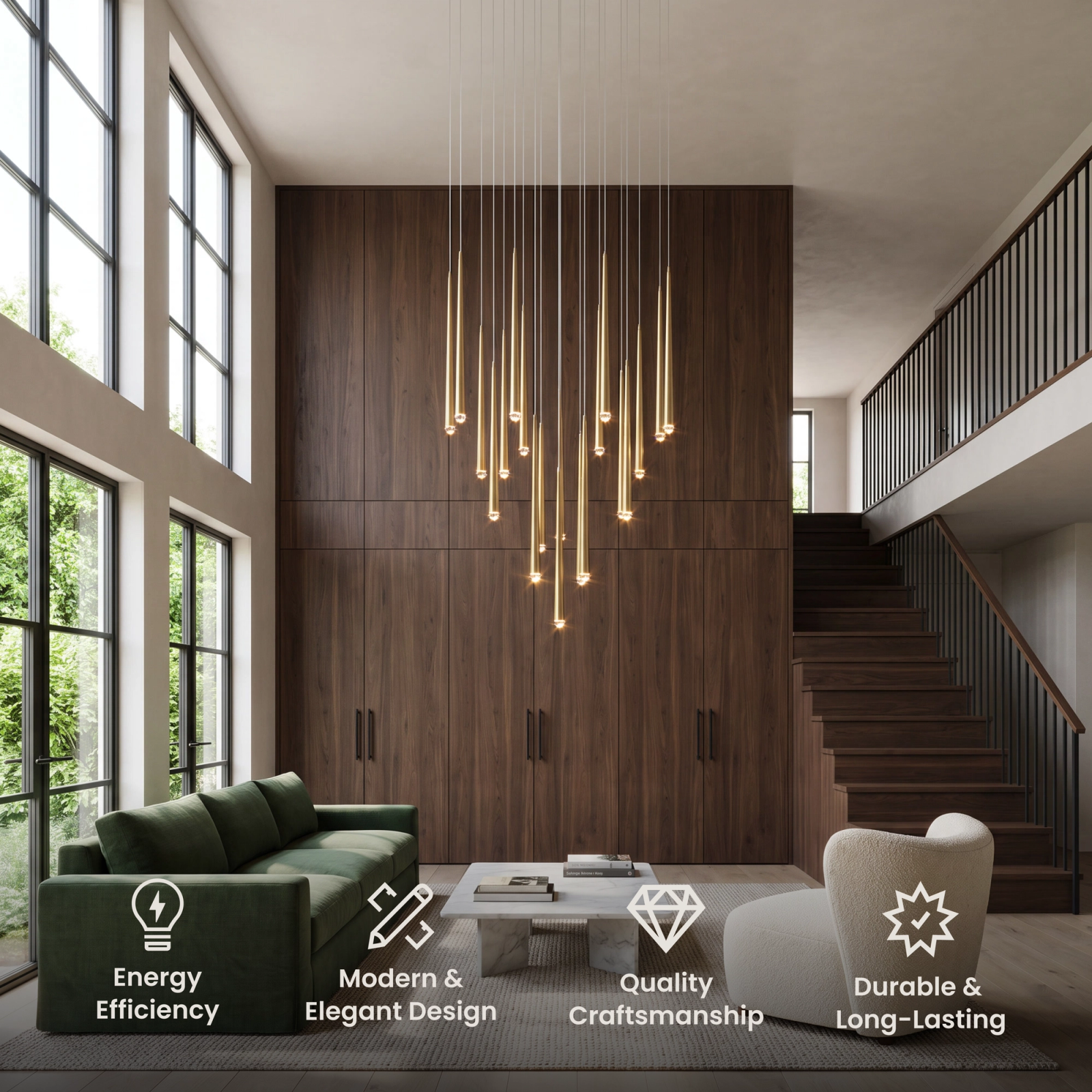 Jasper spiral cluster of crystal teardrop pendants beside a staircase and window