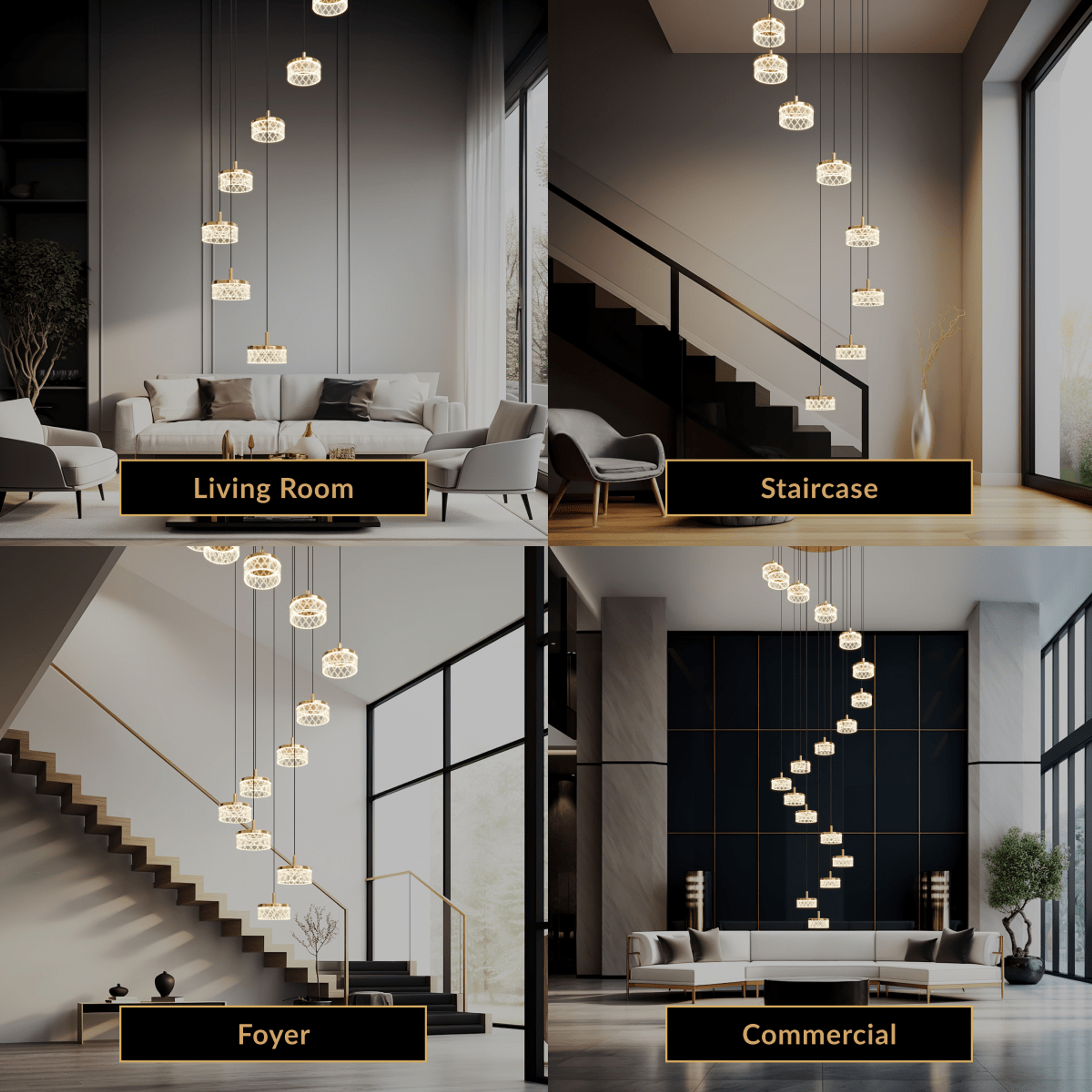 Emma staircase chandelier, spiral cascade of crystal drum pendants, shown in living, staircase, foyer and commercial spaces
