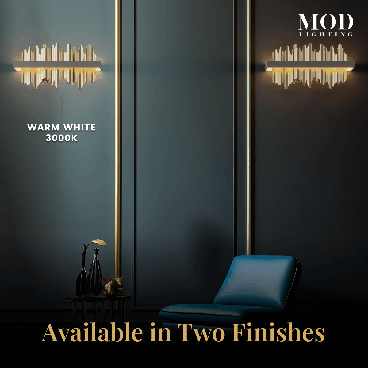 Two Aurelius sconces, gold and black crystal-spike bars mounted on a wall by a chair