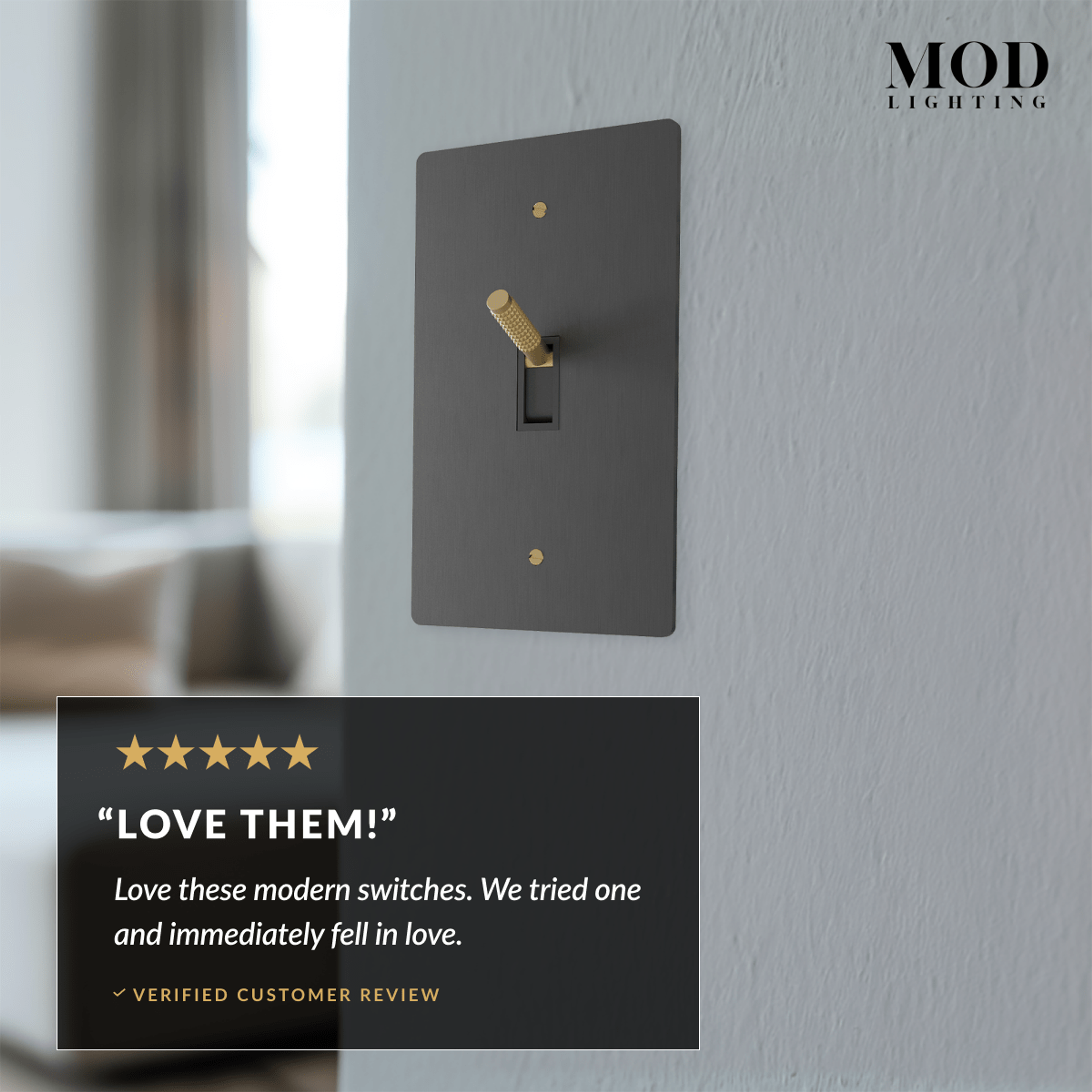 Modern Toggle Switch matte-black single-gang plate with brass lever beside a five-star review card