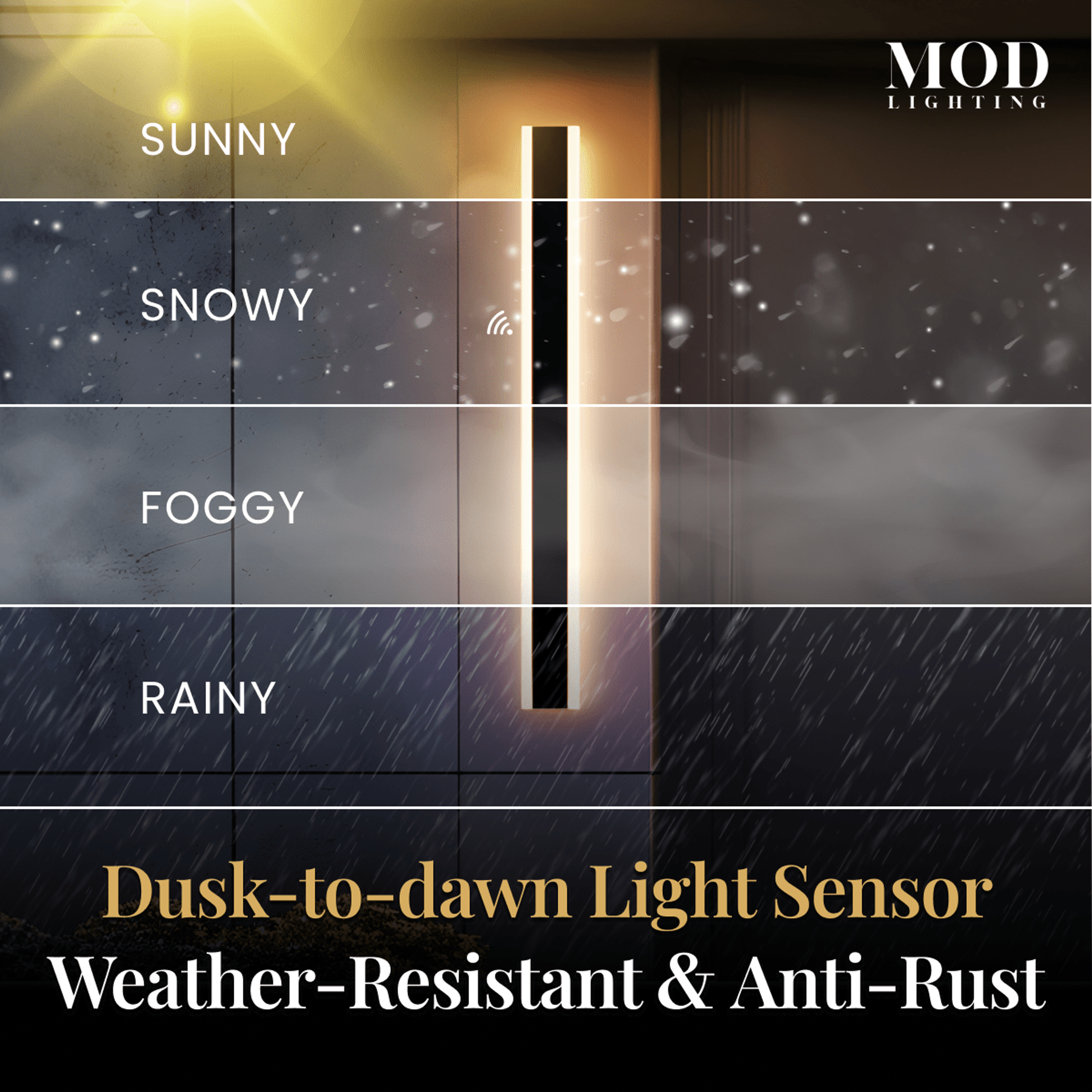 Haylen Sensor black LED bar wall light with dusk-to-dawn sensor shown across sunny, snowy, foggy and rainy weather