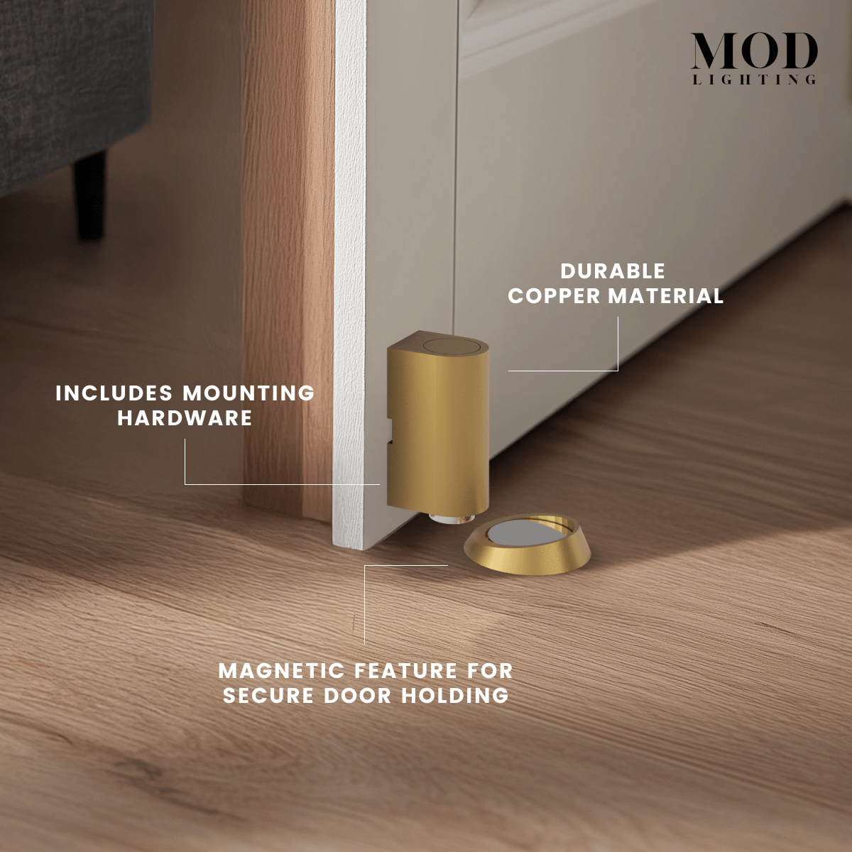 Cavo brushed-gold cylindrical door stop with callouts: durable copper, magnetic hold, mounting hardware