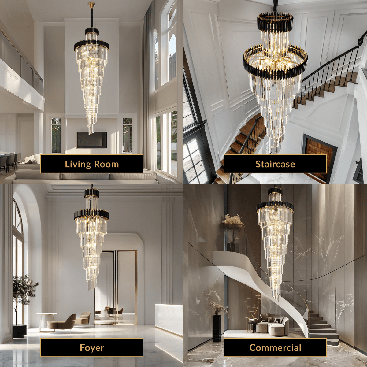 Onyx tall spiral crystal chandelier shown in living room, staircase, foyer and commercial settings