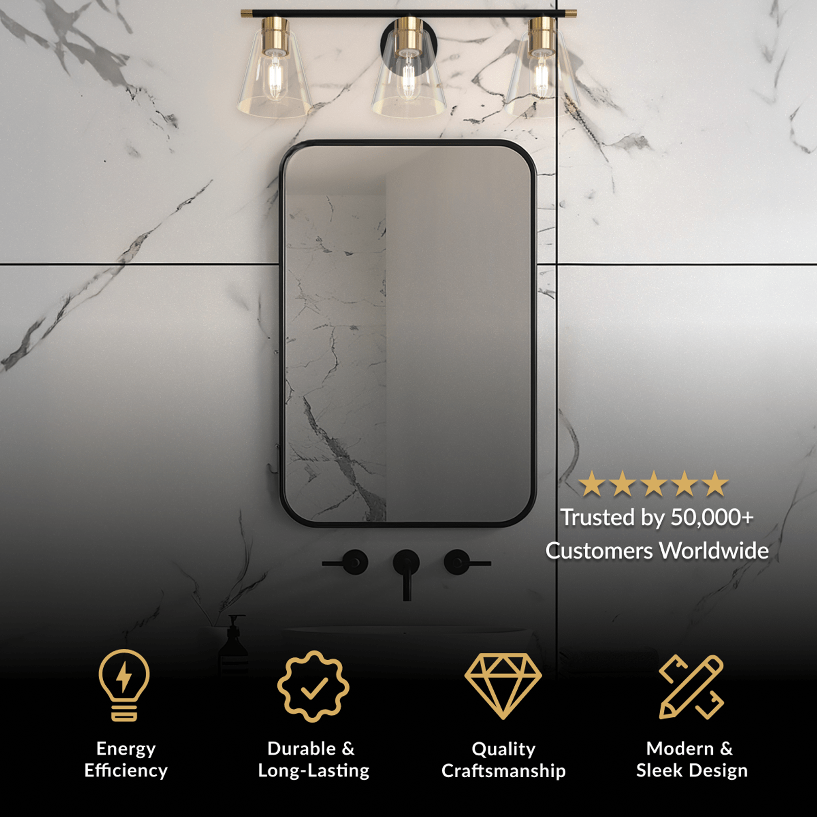 Sienna bathroom light, three flared clear glass shades on a matte black bar with gold accents over a mirror