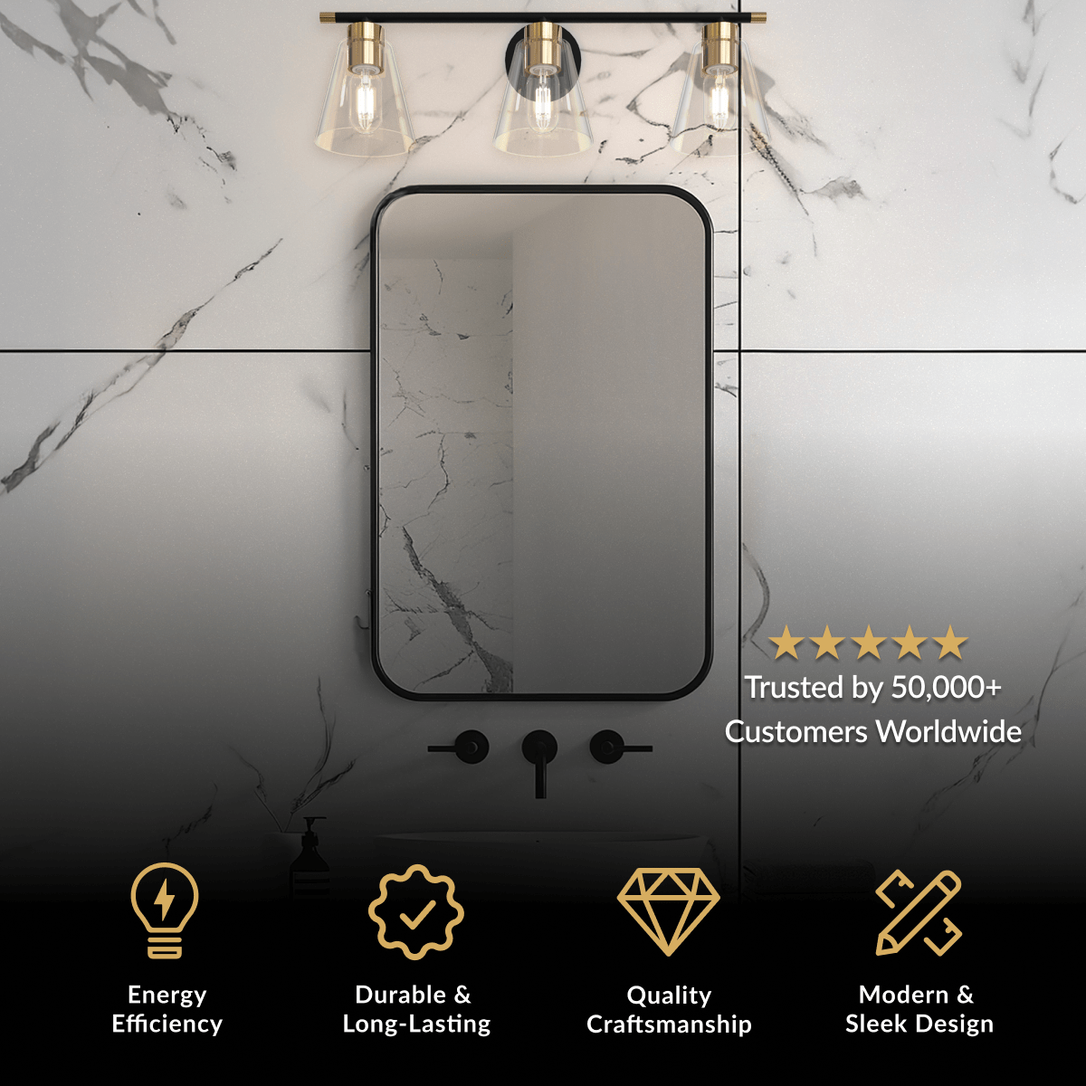 Sienna bathroom light, three flared clear glass shades on a matte black bar with gold accents over a mirror