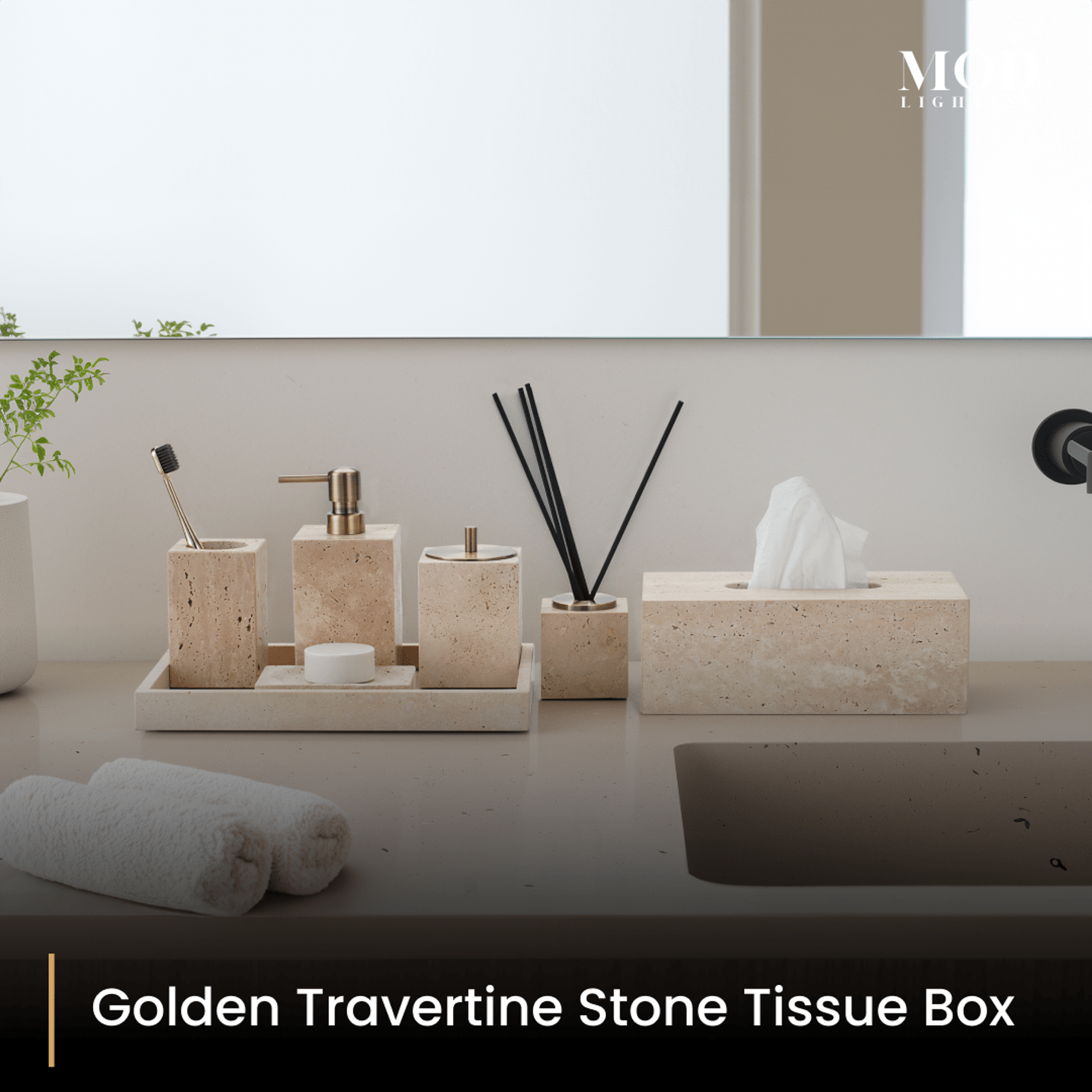 Golden Travertine tissue box and beige stone bath set styled on a grey vanity beside a tub