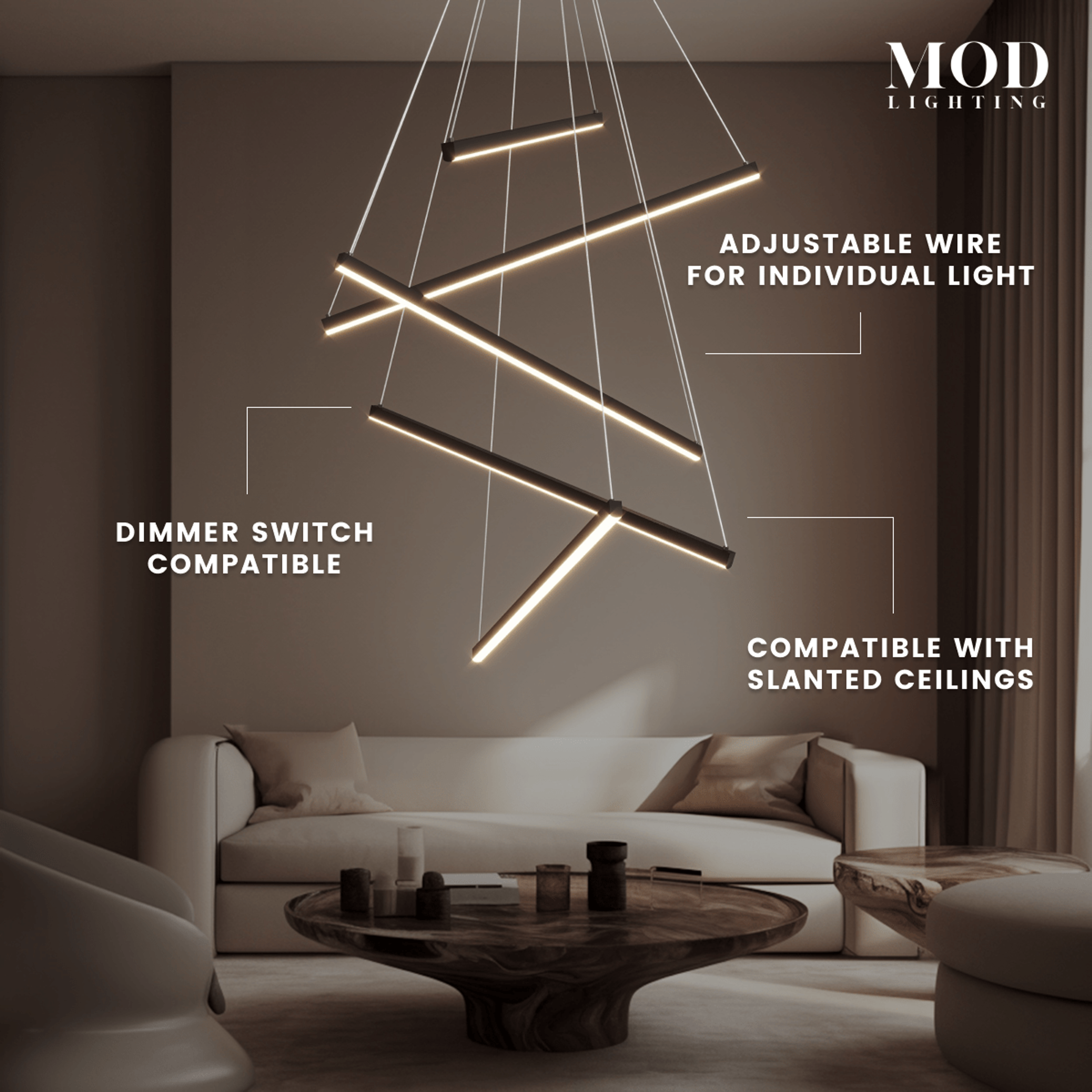 Finn black staggered light-bar chandelier over a sofa, labeled dimmer, adjustable wire, slanted-ceiling fit