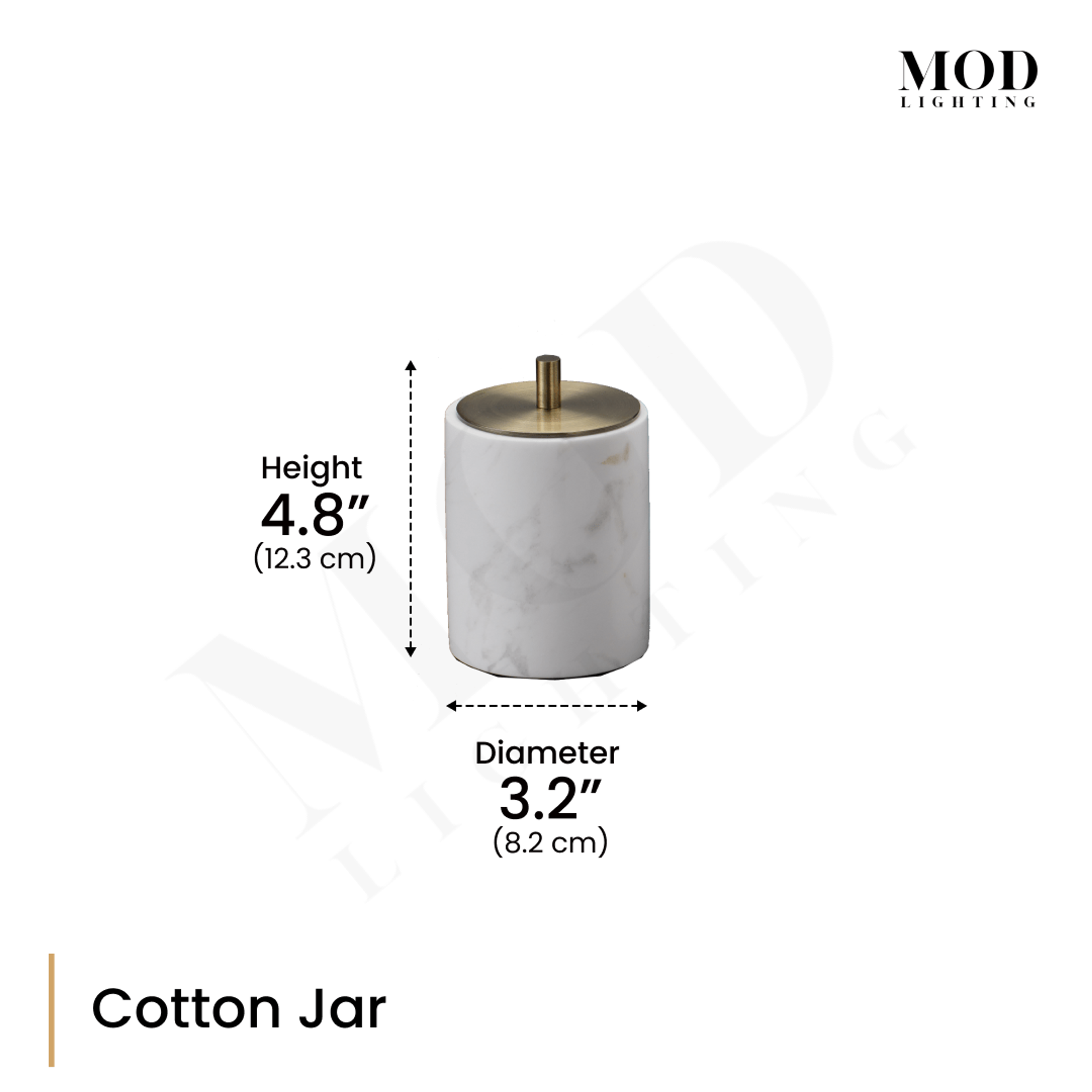 Jazz White Marble Bath Set cotton jar, dimension diagram of the white marble jar with gold lid: 4.8 in high, 3.2 in diameter