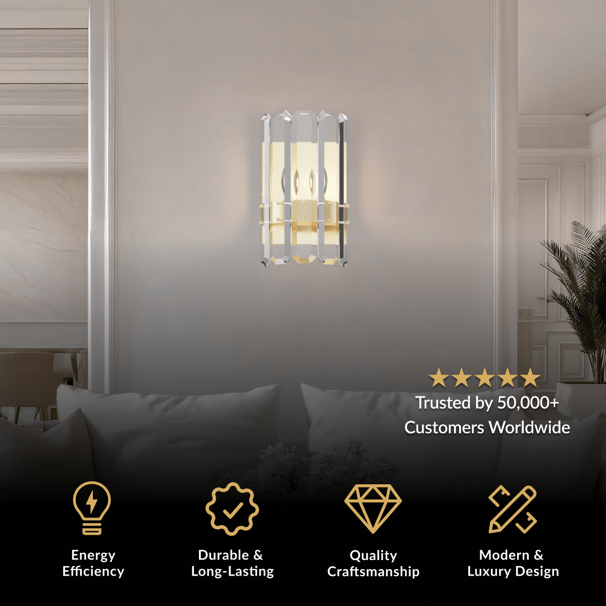 Lustre crystal wall sconce, gold frame with faceted crystal panel, mounted above a sofa