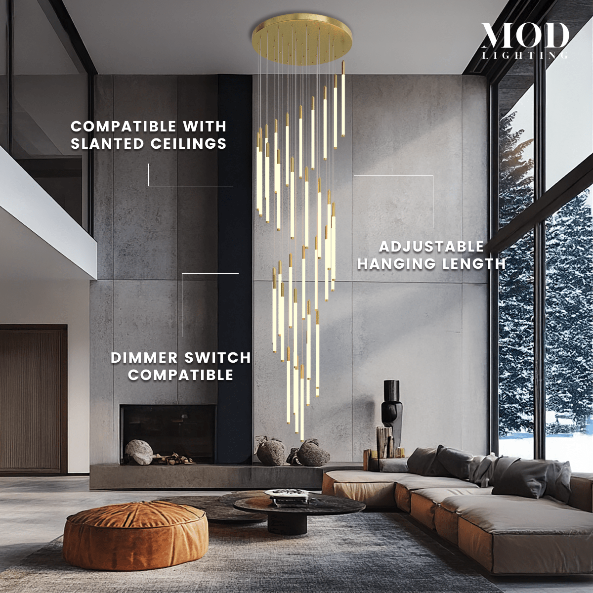 Kasper gold spiral cascade chandelier over a sofa in a tall living room; dimmable, adjustable length