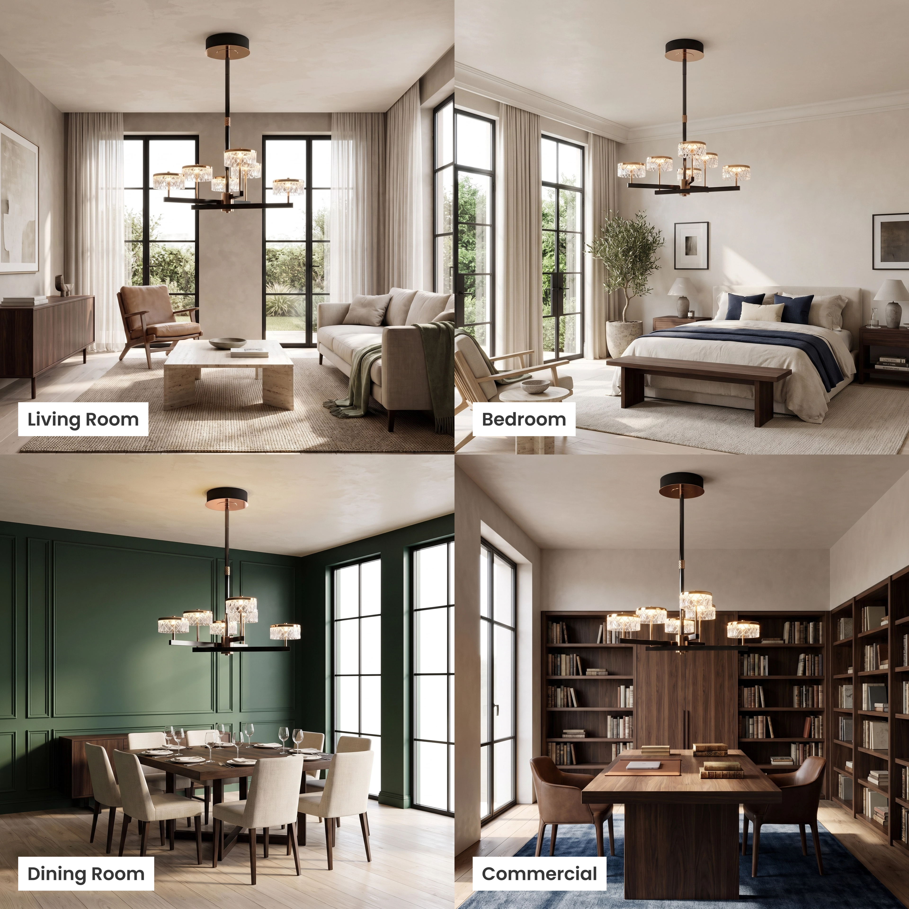 Emma Chandelier shown in living room, dining room, bedroom and commercial settings