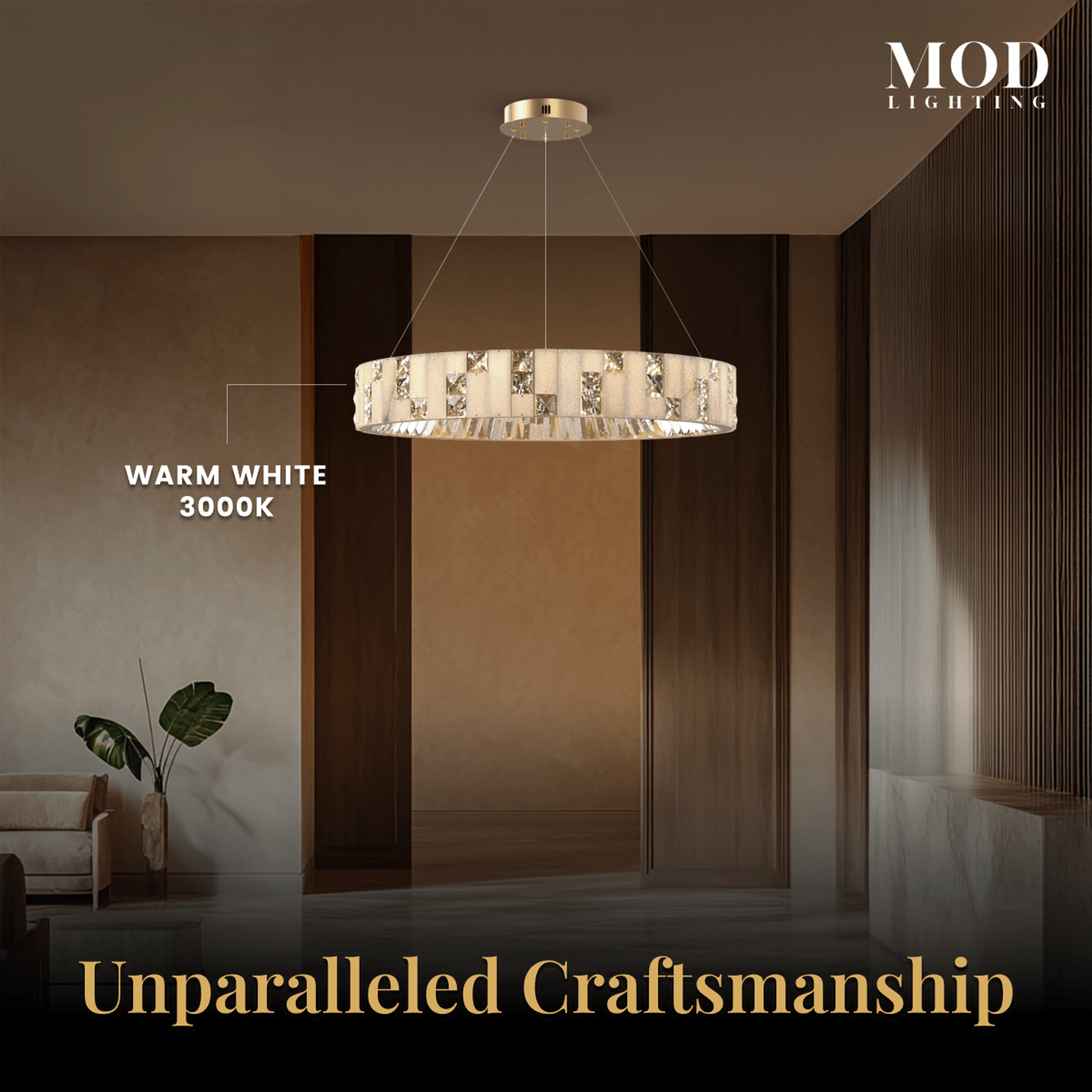 Seraphine gold and crystal alabaster drum chandelier glowing warm white in a wood-panelled room