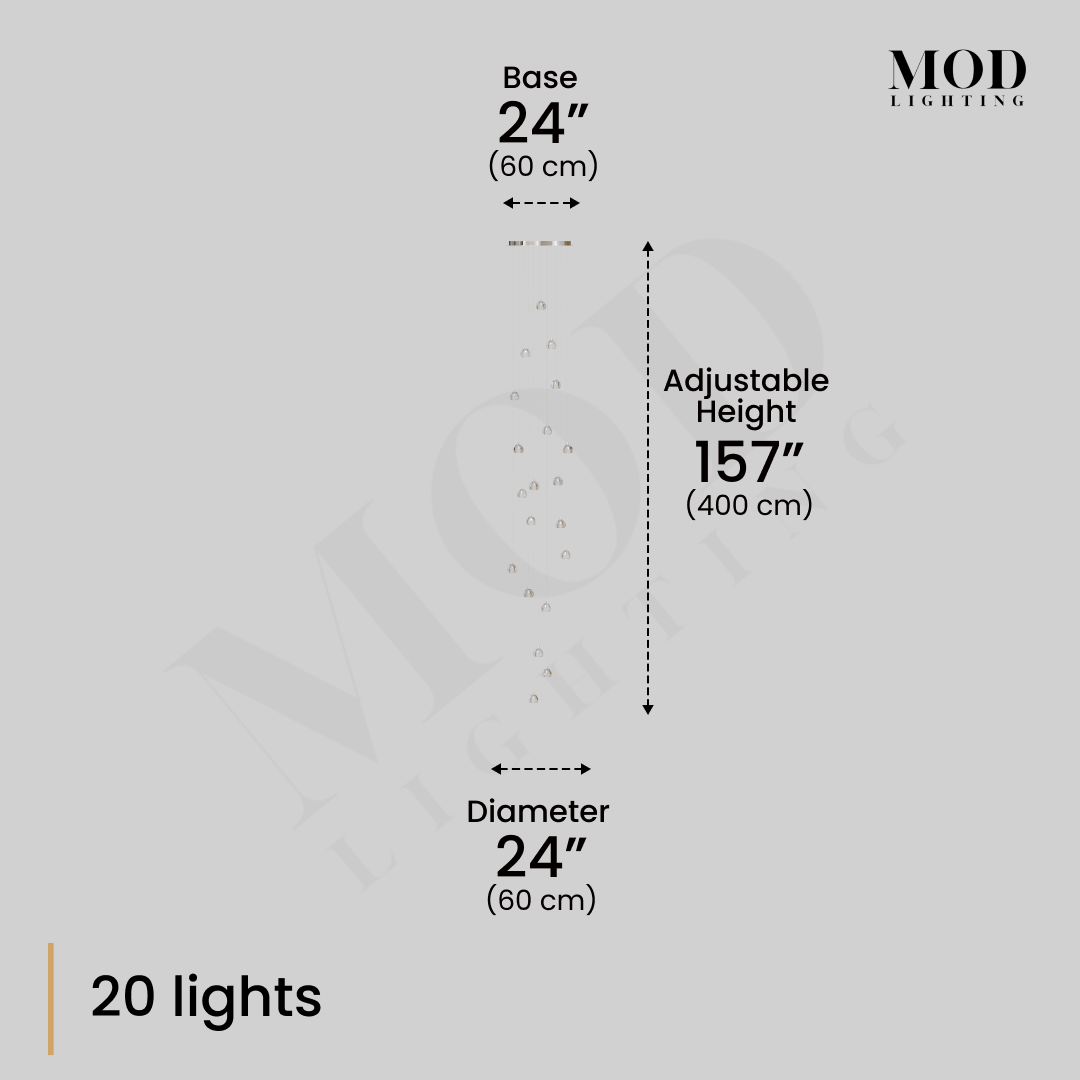 Sage 20-light crystal chandelier dimension diagram: 24" base, 24" diameter, 157" adjustable height
