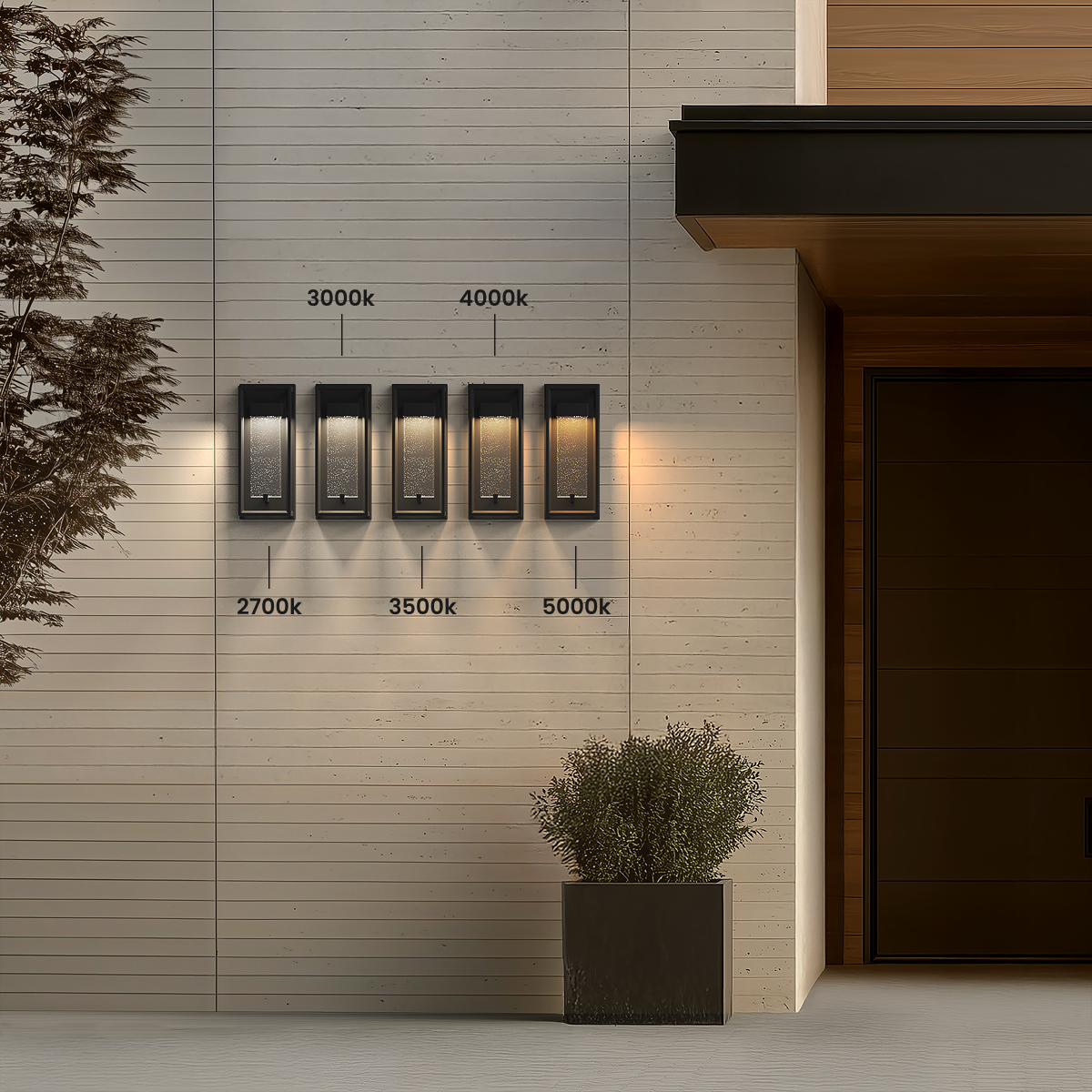 Row of five Aura black outdoor sconces on a wall showing color temperatures from 2700K to 5000K