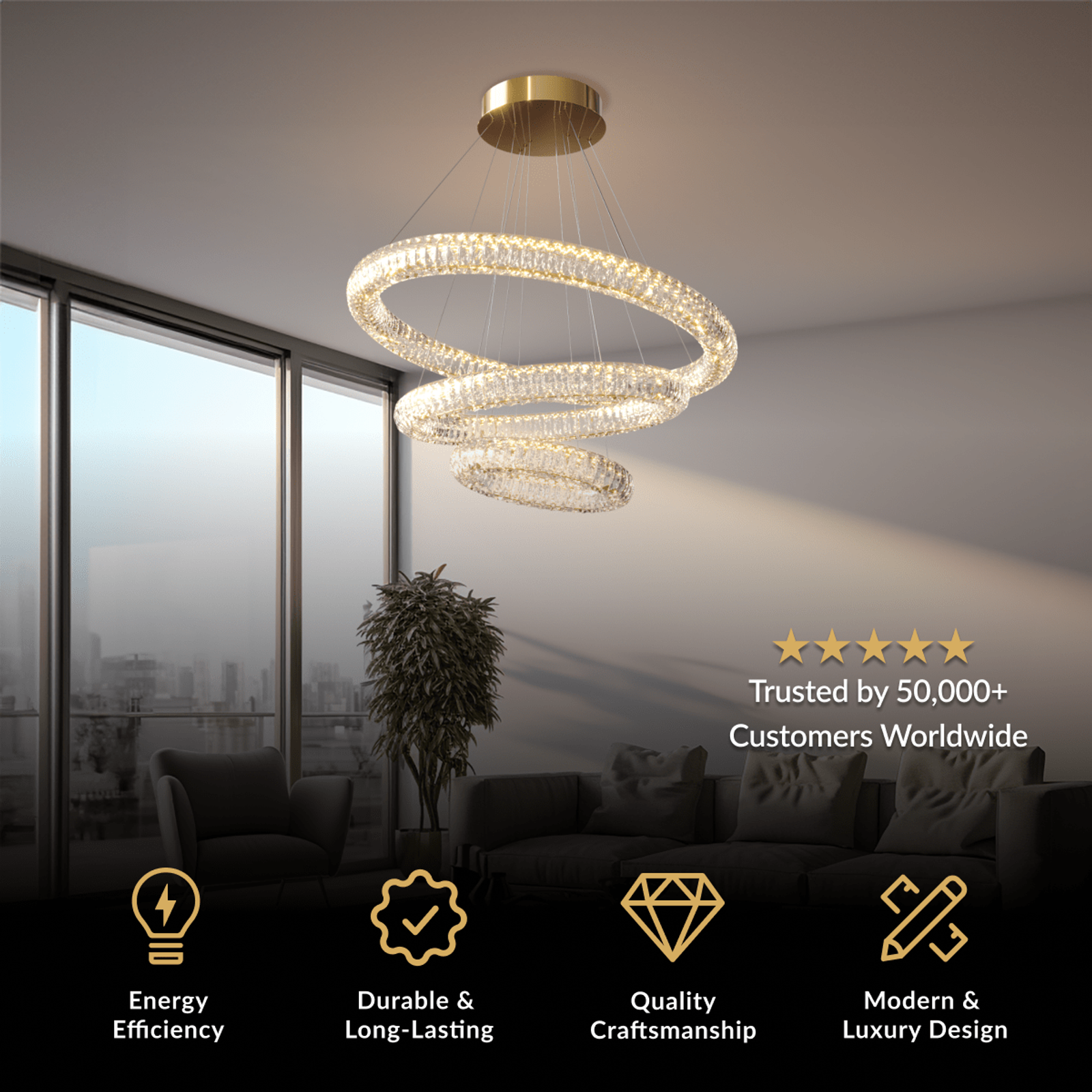 Janice pendant, two stacked gold crystal-studded rings, hung against floor-to-ceiling windows