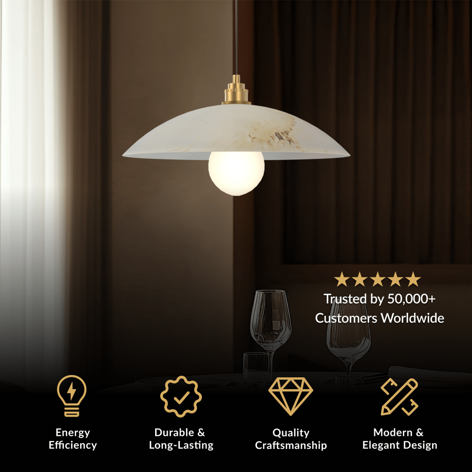 Zira Pendant, wide domed white alabaster shade with brass stem and a single warm globe bulb