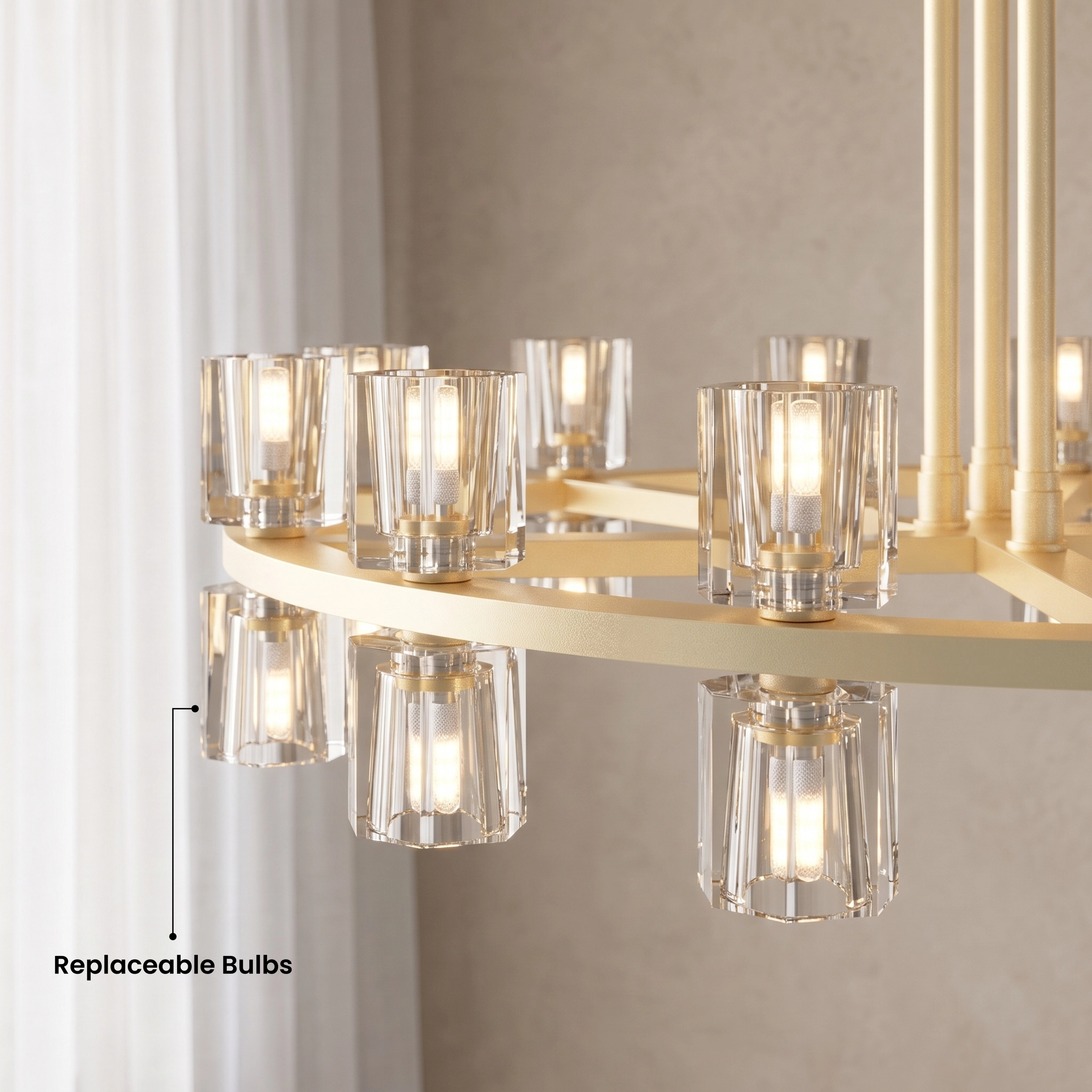 Sunset two-tiered brass ring chandelier with crystal shades, over a seating area in warm white, 3000K