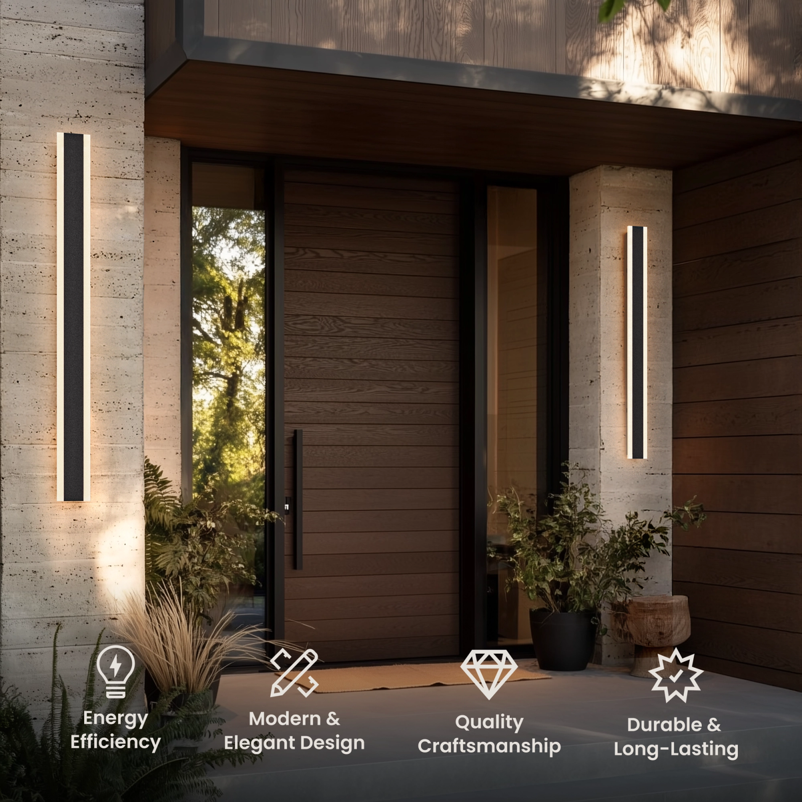 Haylen outdoor wall lights, tall slim black bars with warm LED, flanking a modern wood entry door