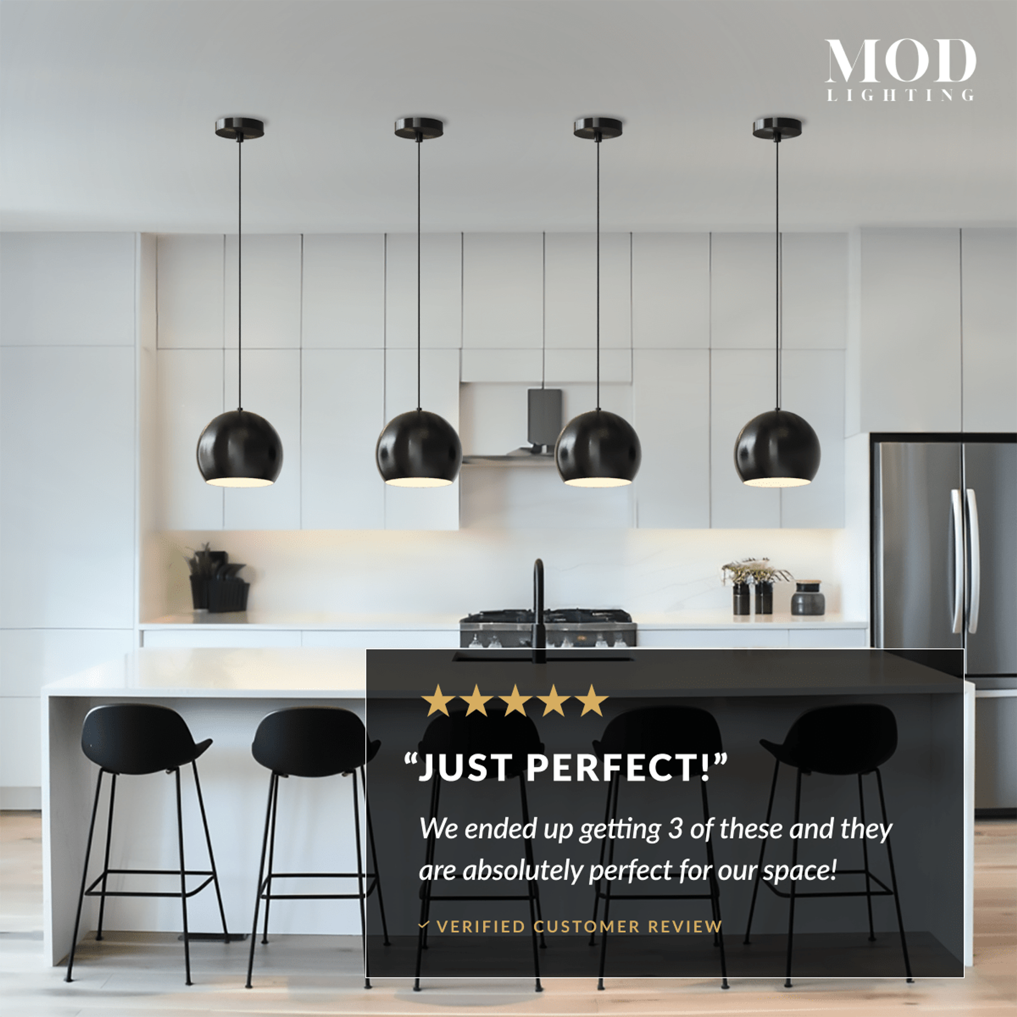 Avery black sphere pendants in a row over a dark kitchen island with a five-star customer review overlay