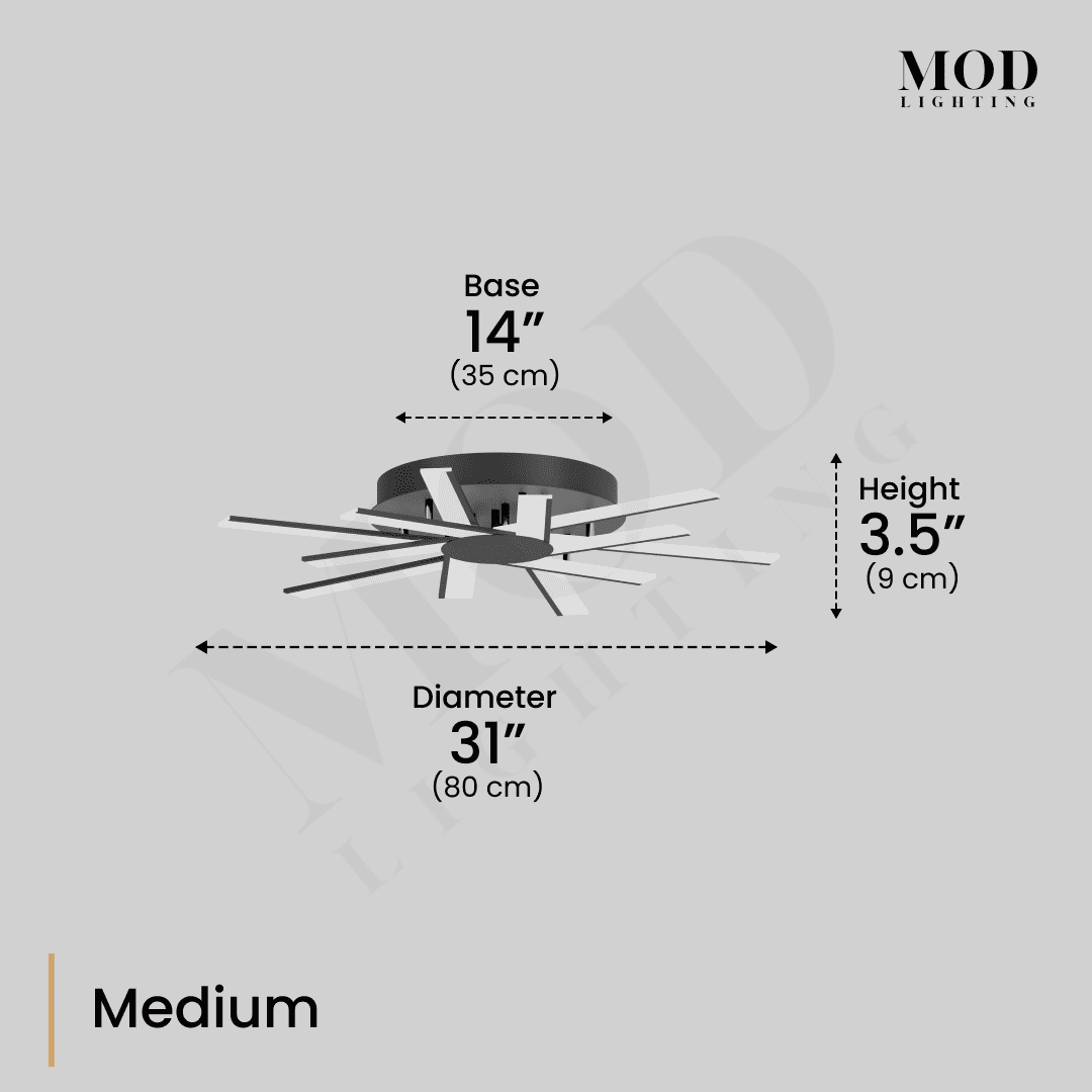 Sparkle ceiling light spec diagram, Medium: 31" diameter, 14" base, 3.5" height