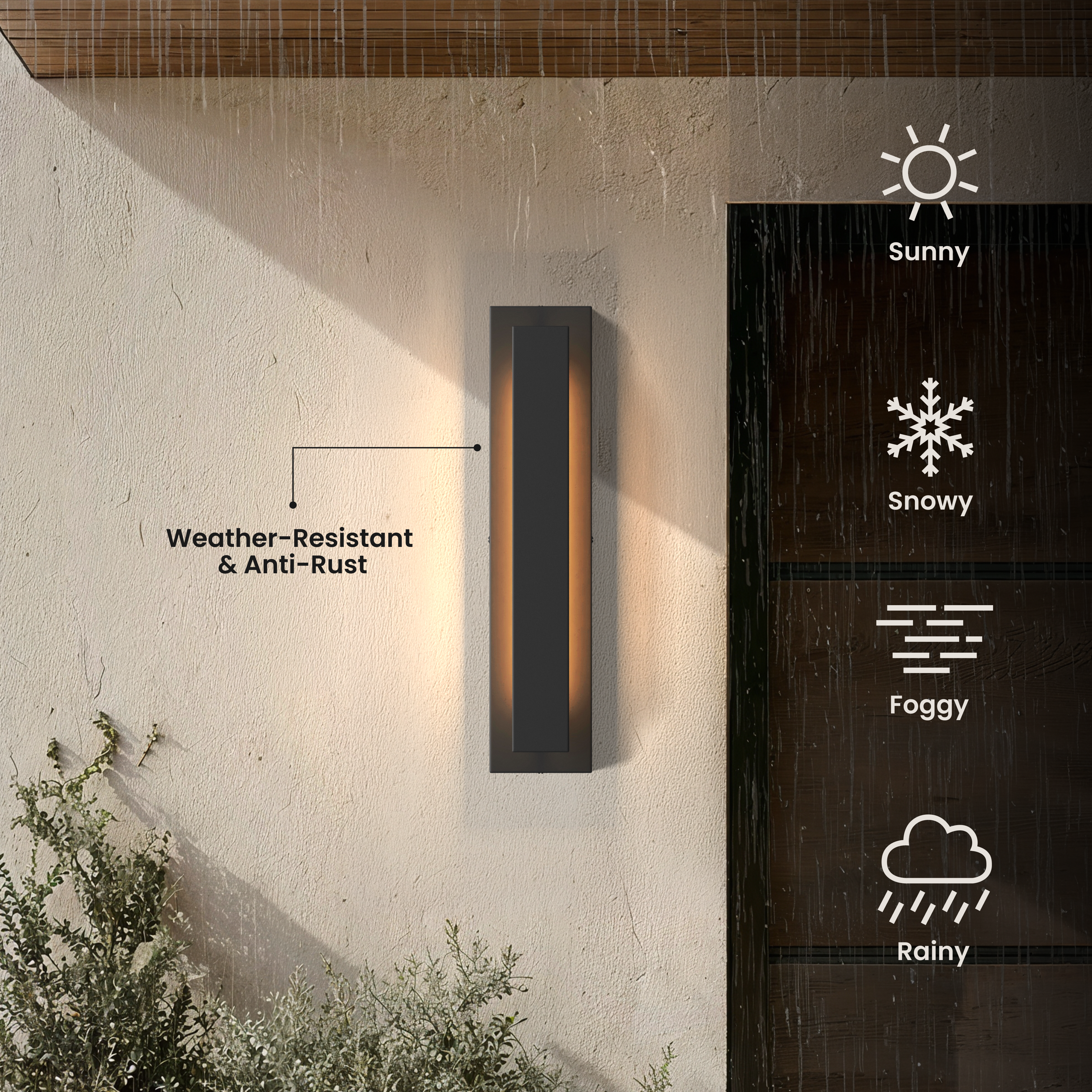 Vetra Smart black vertical LED sconce in the rain, marked weather-resistant and anti-rust for all seasons