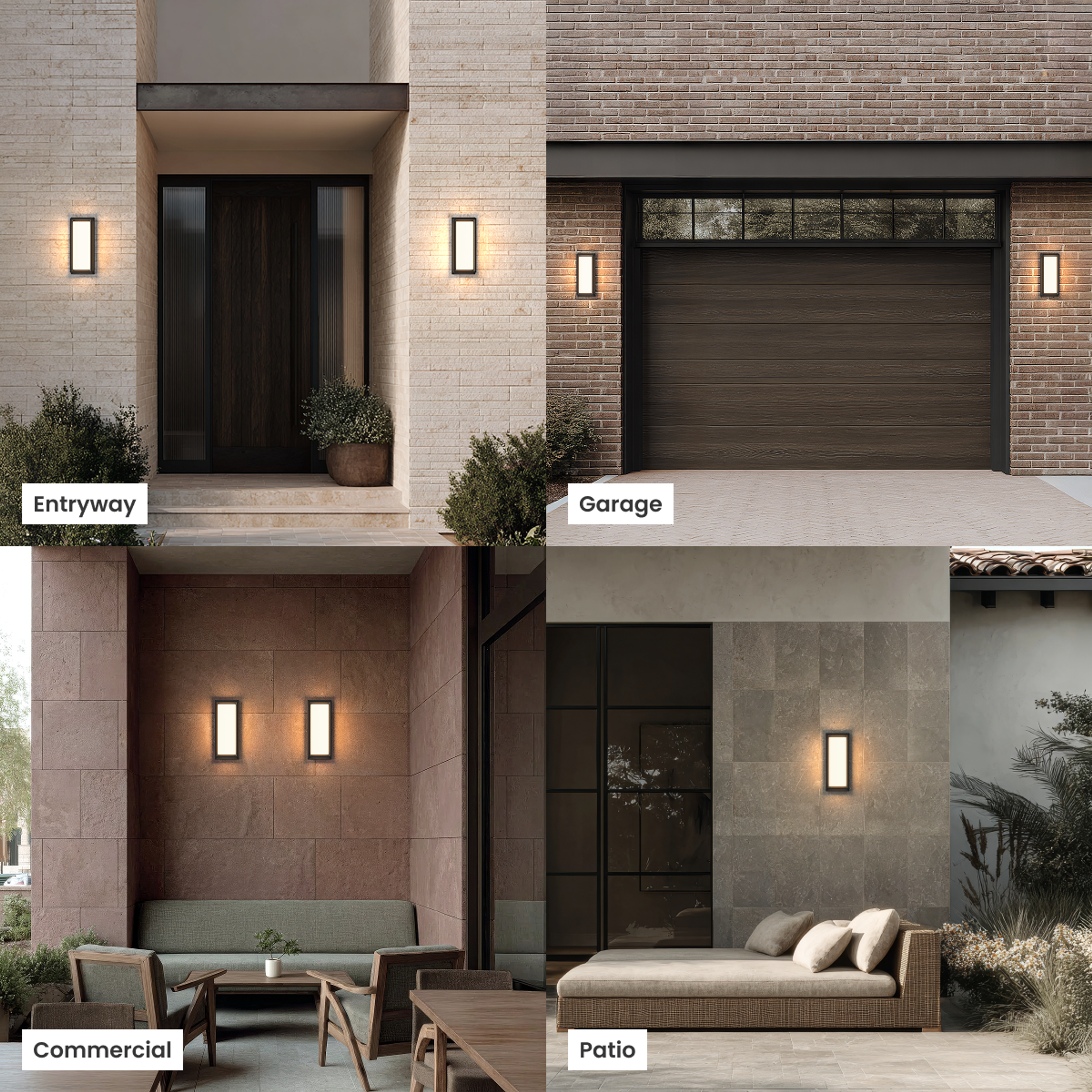 Hollis black square outdoor sconces shown in entryway, garage, commercial and patio settings