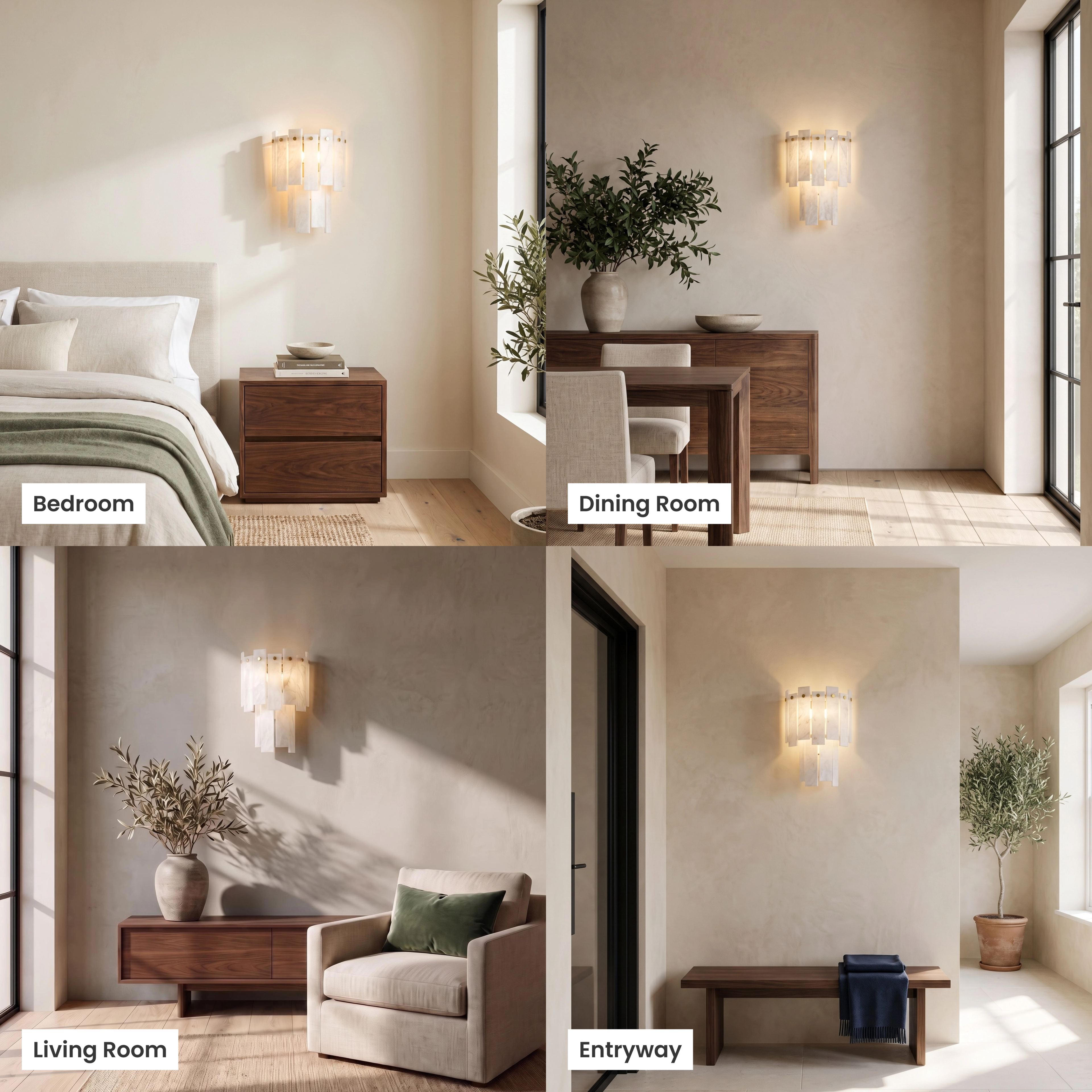 Velina Sconce gold alabaster wall light shown in living room, dining room, bathroom and commercial settings