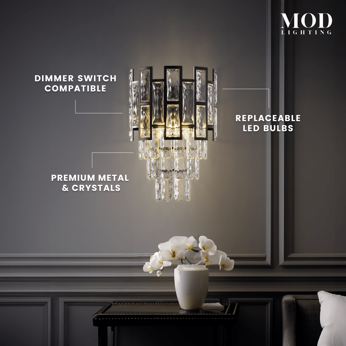 Raven black crystal sconce, feature callouts: dimmer compatible, replaceable LED bulbs, premium metal and crystals
