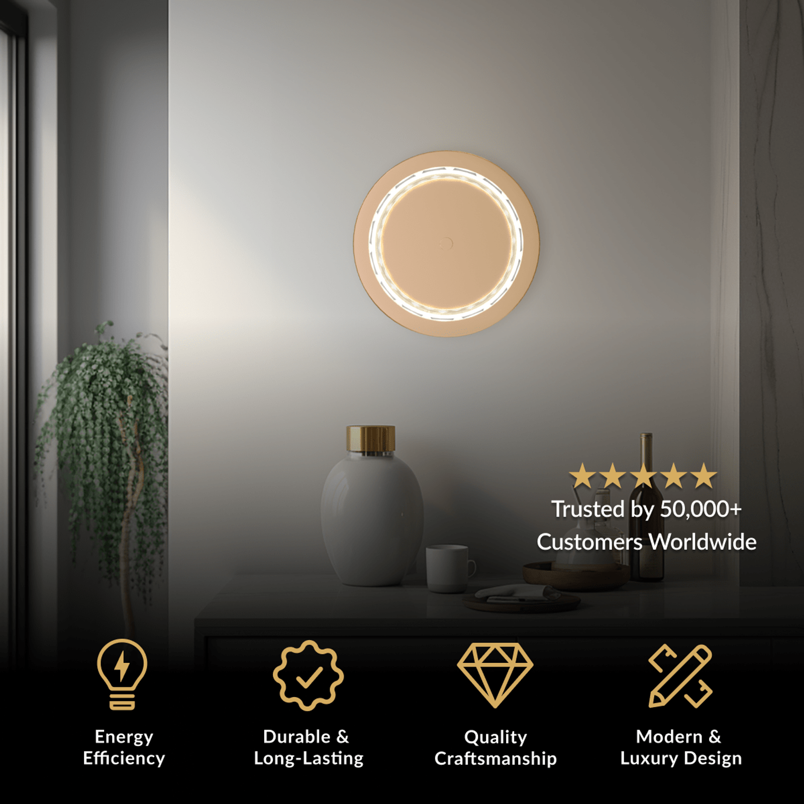 Emma Sconce, round backlit wall light with a gold crystal ring, mounted on a gray wall