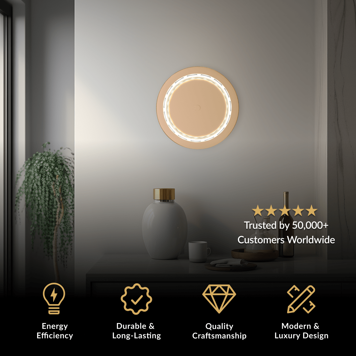 Emma Sconce, round backlit wall light with a gold crystal ring, mounted on a gray wall