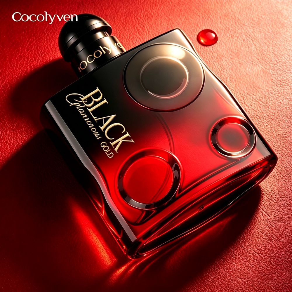 COCOLYVEN Black Gold Allure 50ml perfume bottle on a red textured surface — ready stock wholesale supply from Guangzhou, China
